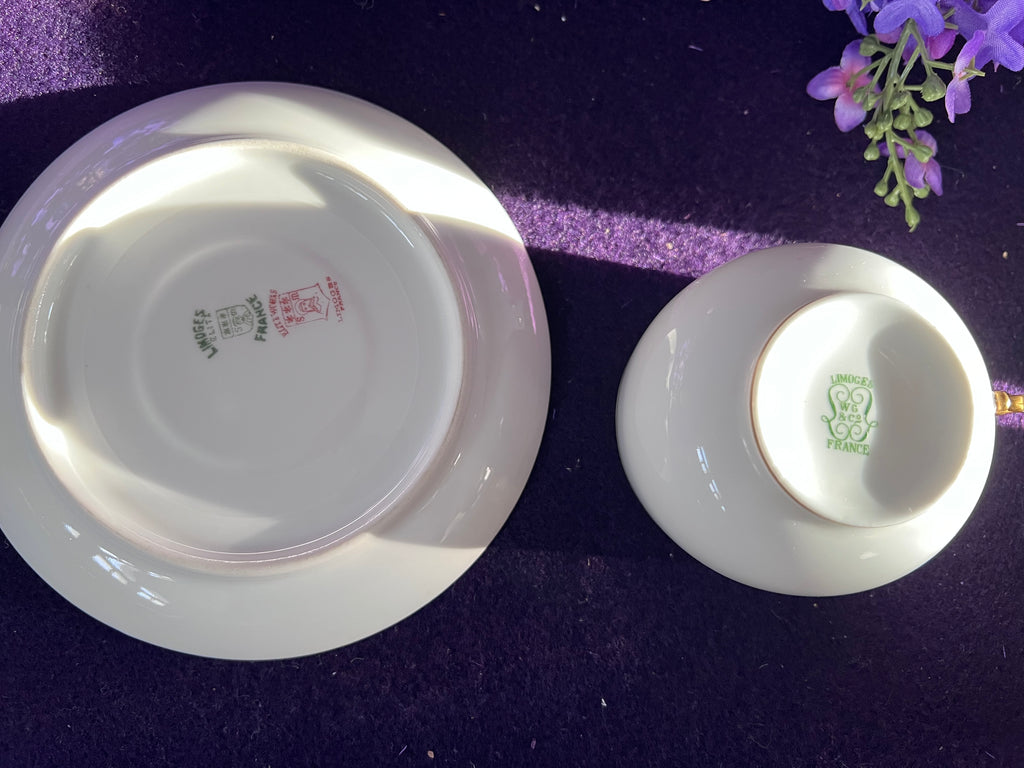 Vintage Limoges France Porcelain Tea Cup and Saucer Set + Extra Saucer - Elegant Gold Band Trim