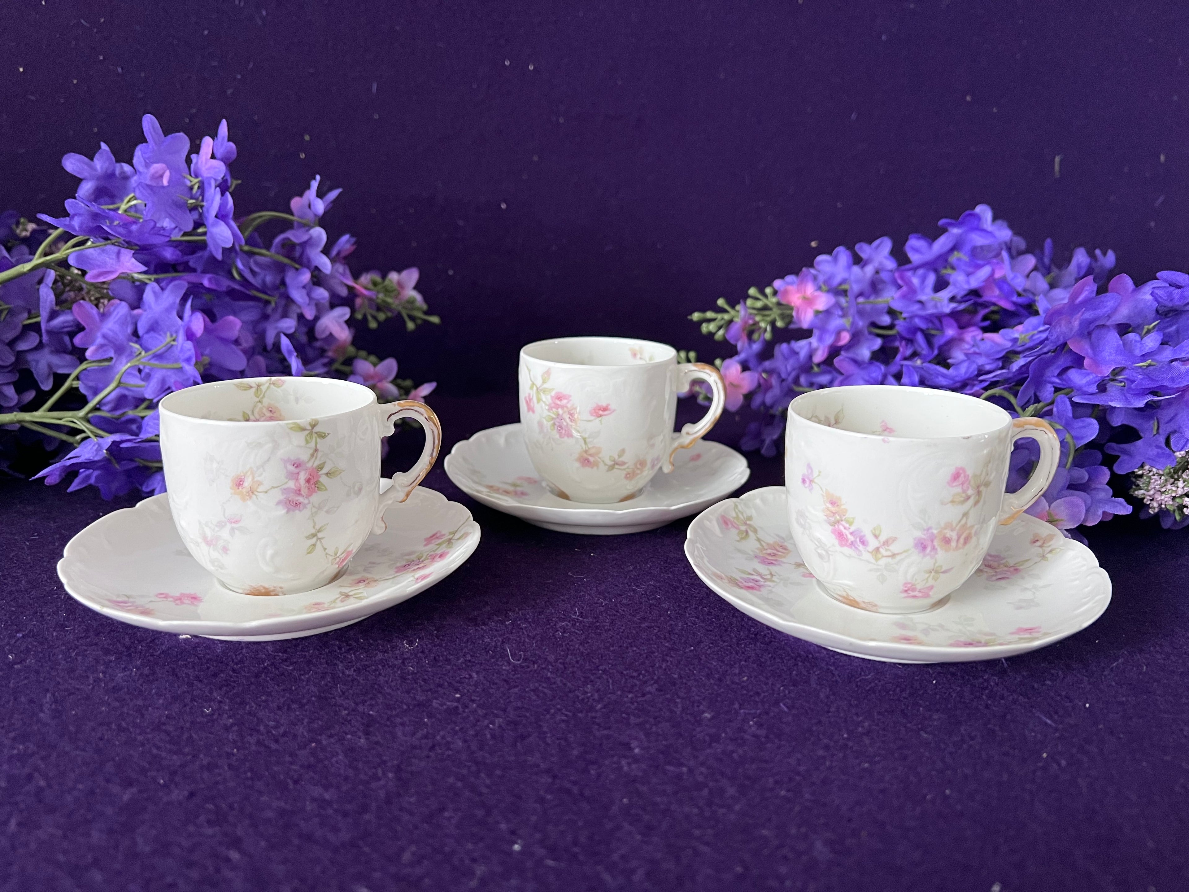 Théo Haviland Limoges Demitasse Cups & Saucers, Set of 3 | Vintage French Porcelain Floral