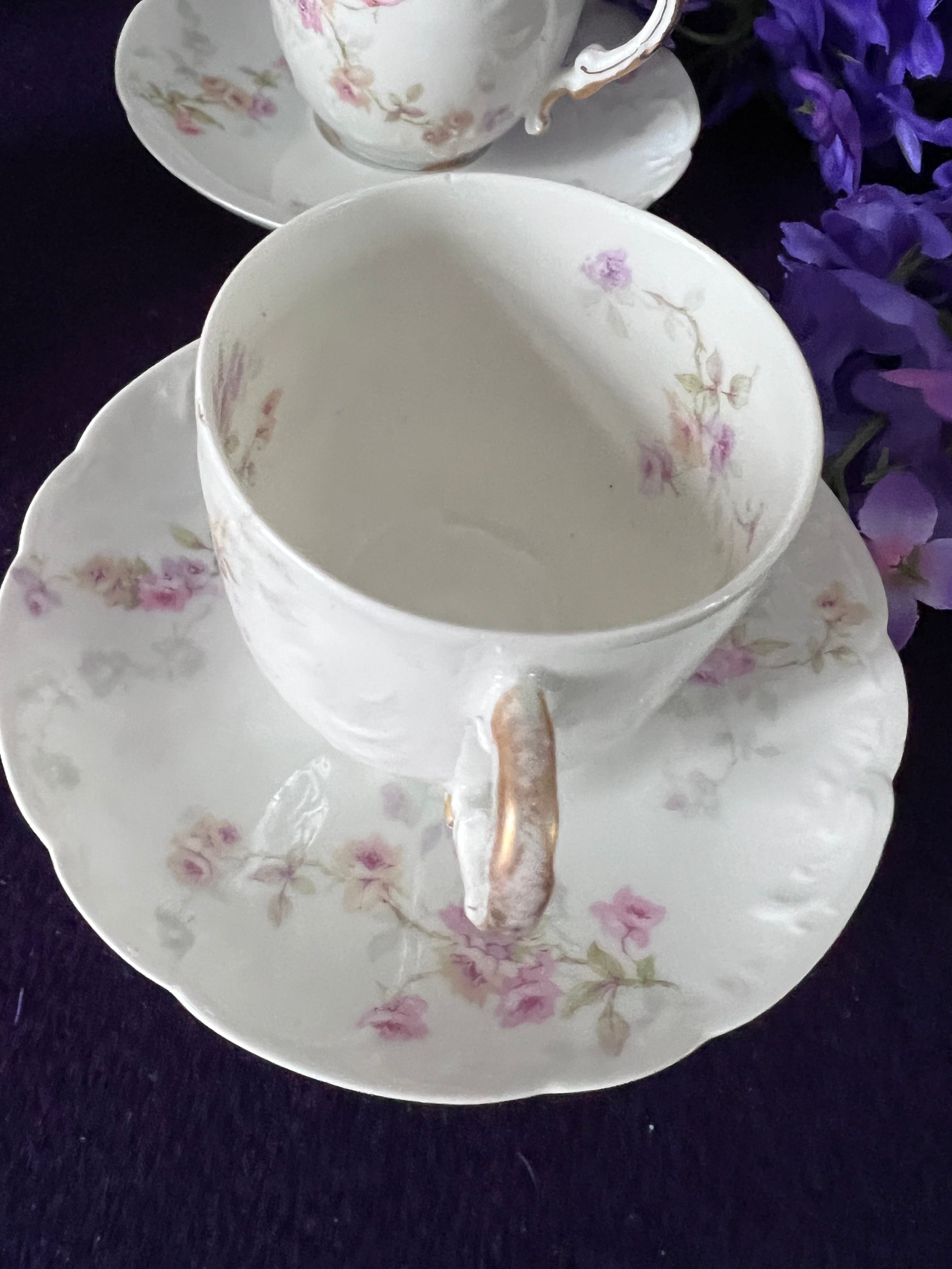Théo Haviland Limoges Demitasse Cups & Saucers, Set of 3 | Vintage French Porcelain Floral