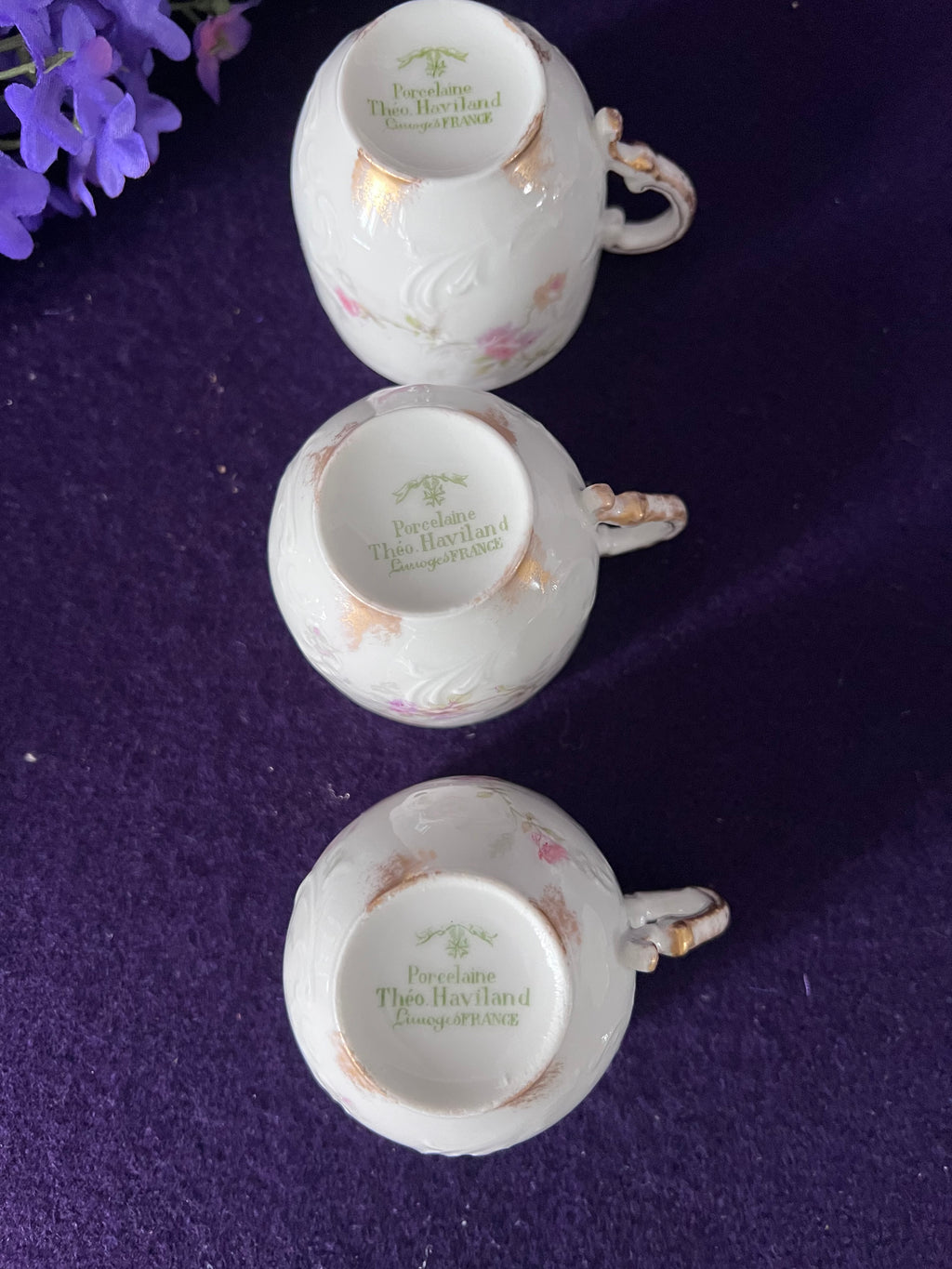 Théo Haviland Limoges Demitasse Cups & Saucers, Set of 3 | Vintage French Porcelain Floral