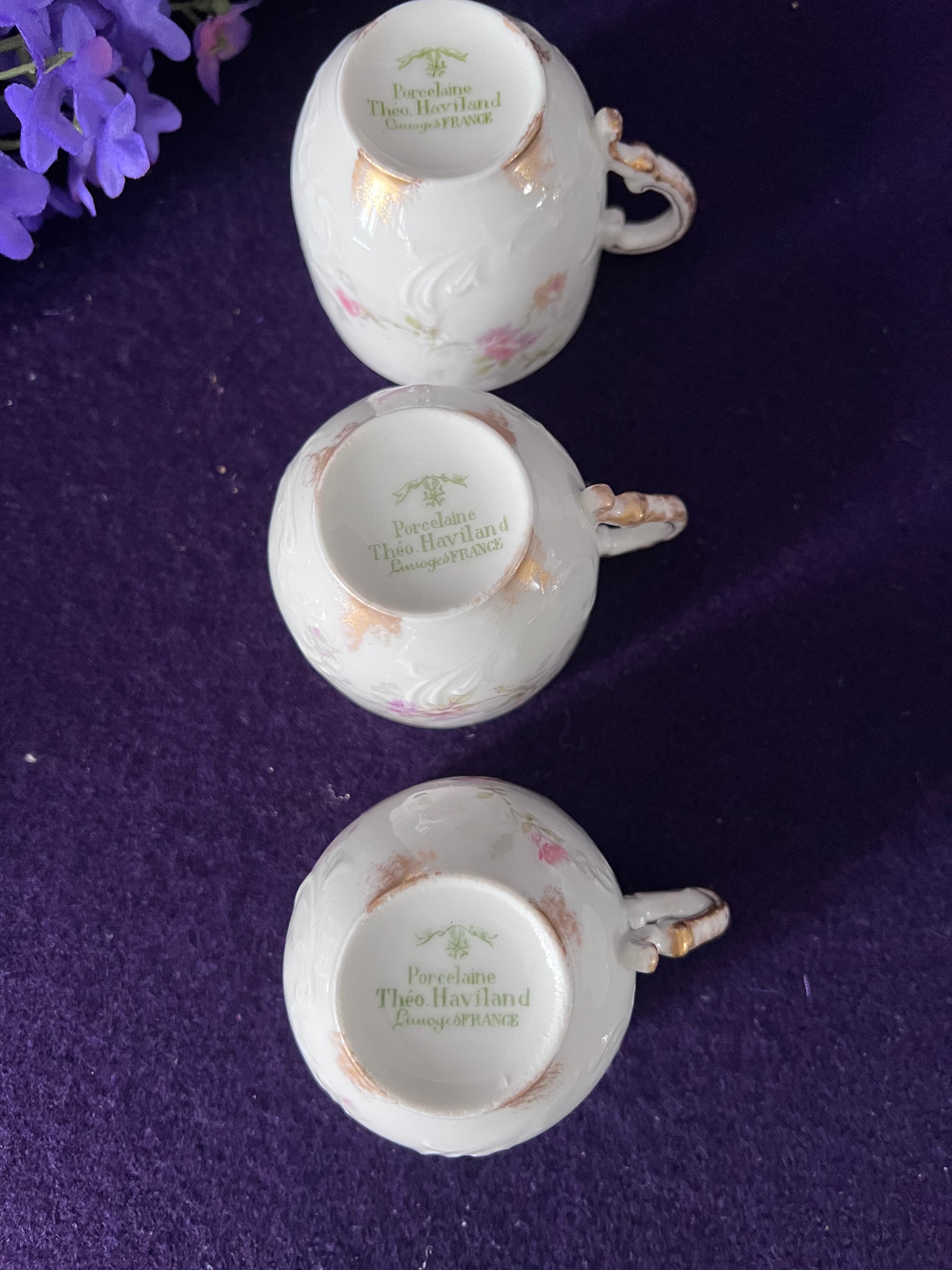 Théo Haviland Limoges Demitasse Cups & Saucers, Set of 3 | Vintage French Porcelain Floral
