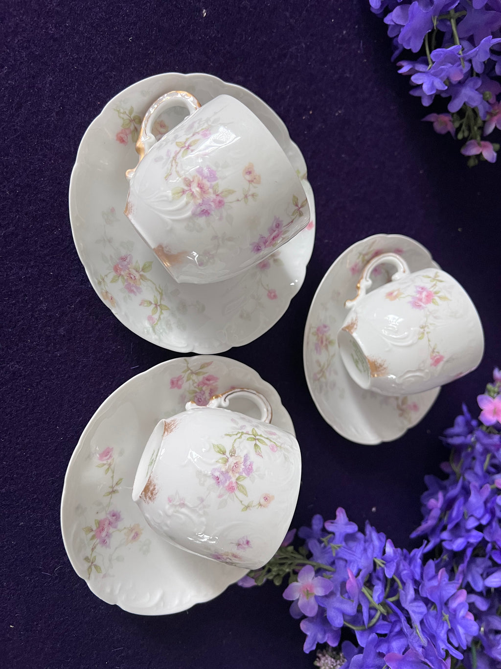 Théo Haviland Limoges Demitasse Cups & Saucers, Set of 3 | Vintage French Porcelain Floral
