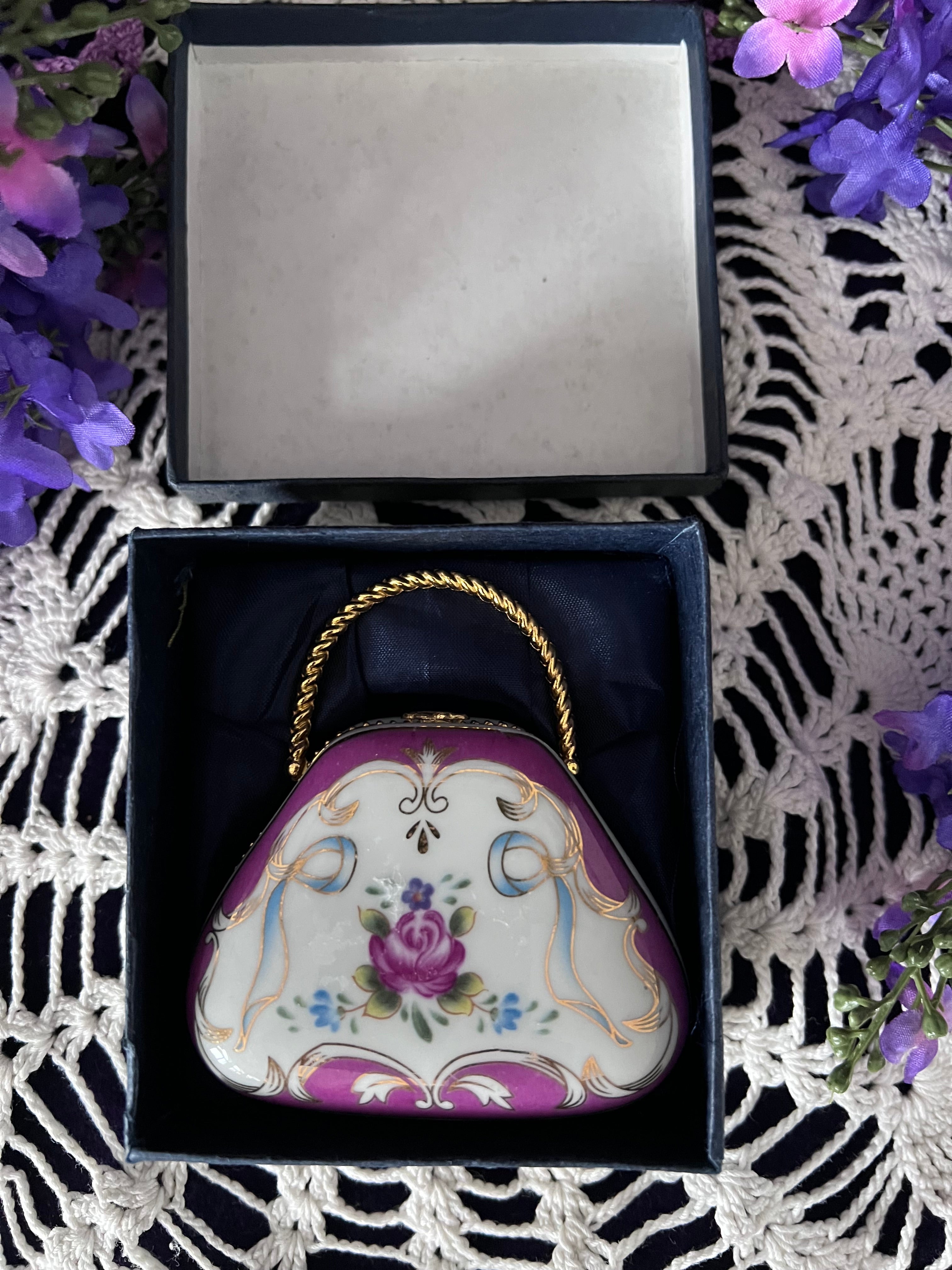 Adeline Collection Ceramic Handbag Trinket Box | Hand-Painted Floral Vintage Keepsake