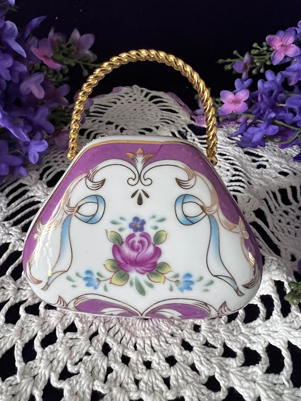 Adeline Collection Ceramic Handbag Trinket Box | Hand-Painted Floral Vintage Keepsake