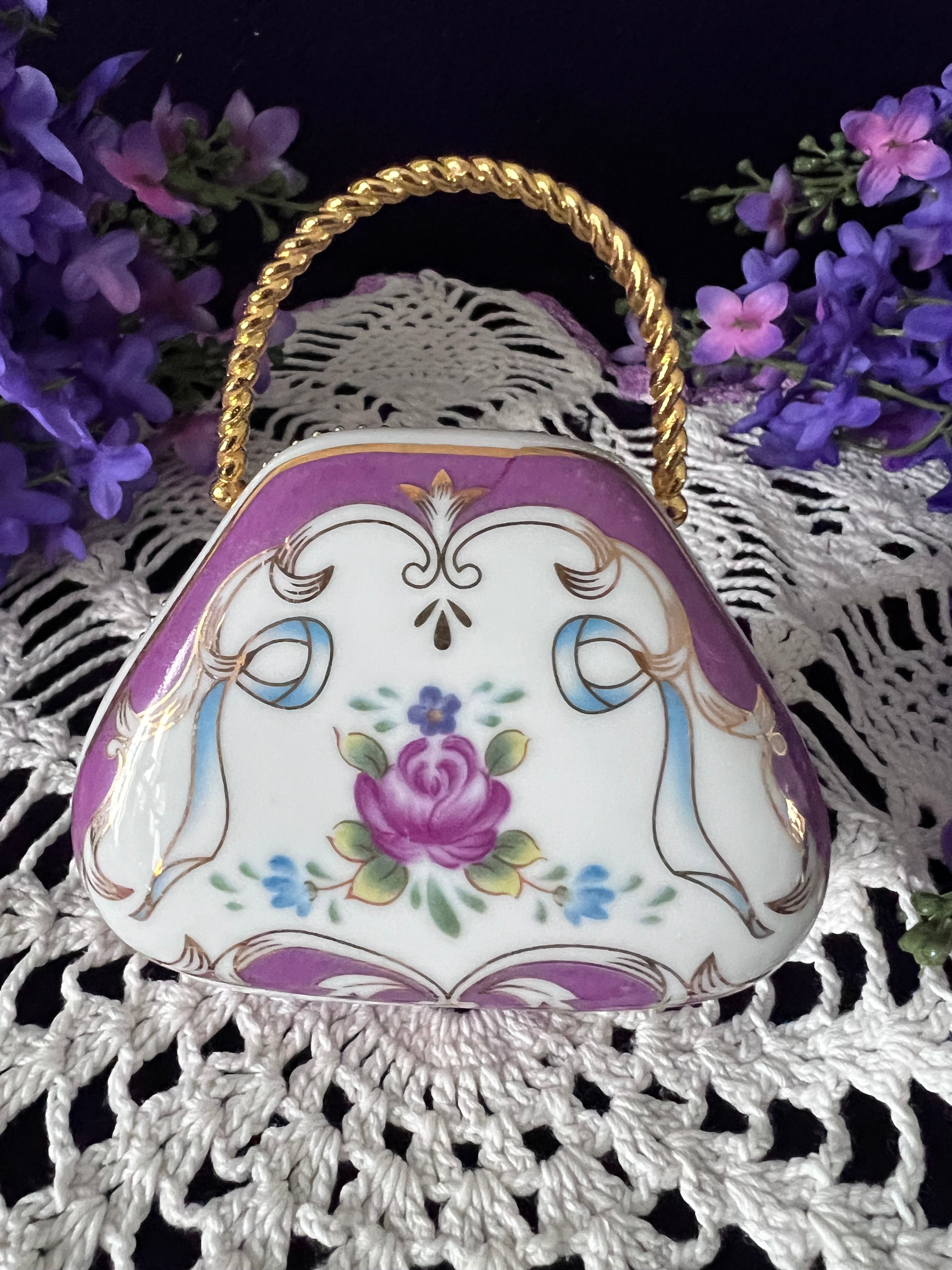 Adeline Collection Ceramic Handbag Trinket Box | Hand-Painted Floral Vintage Keepsake