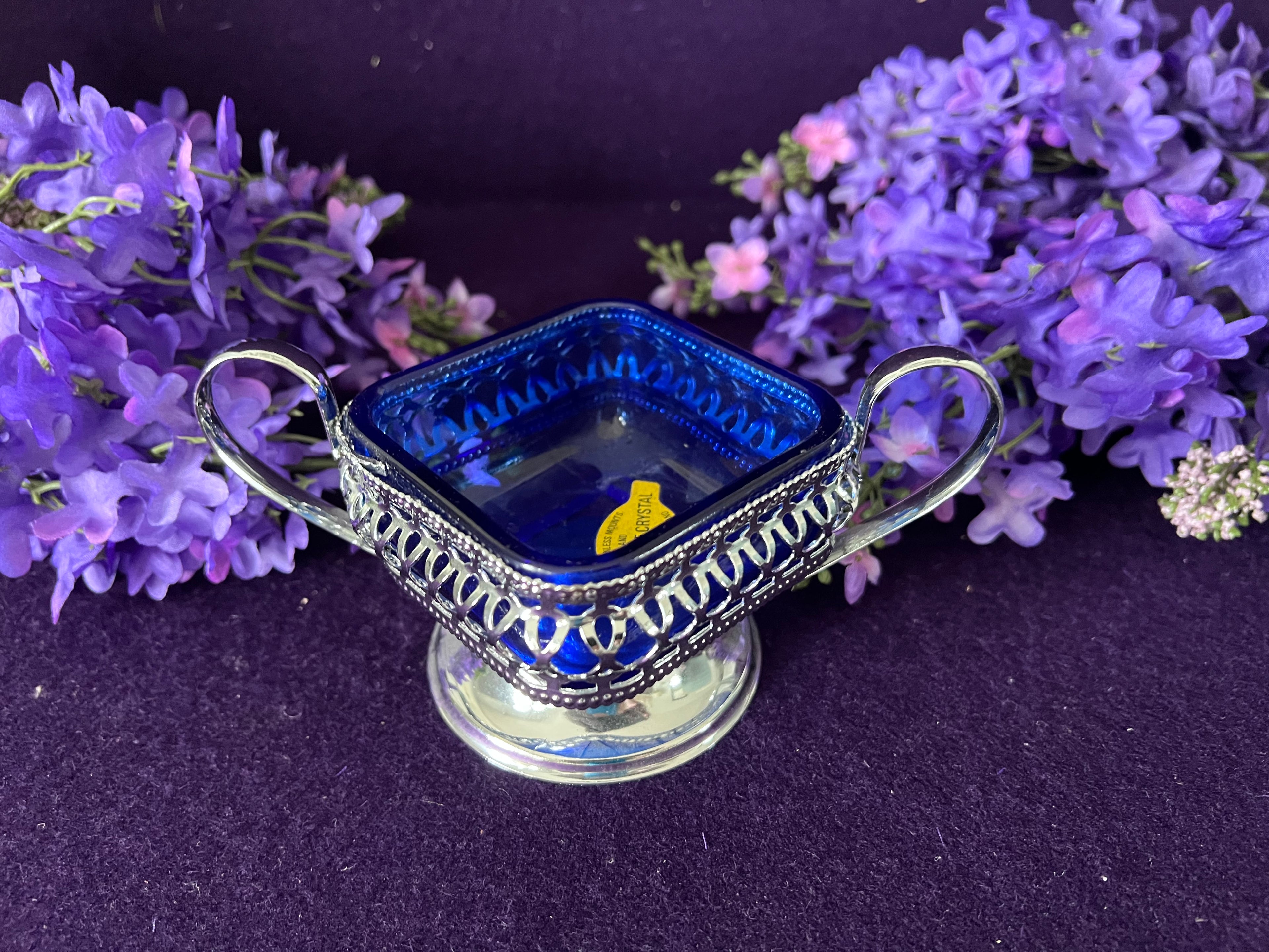Cobalt Blue Crystal Bon Bon Dish with Silver-Tone Mounts | Vintage Birmingham England