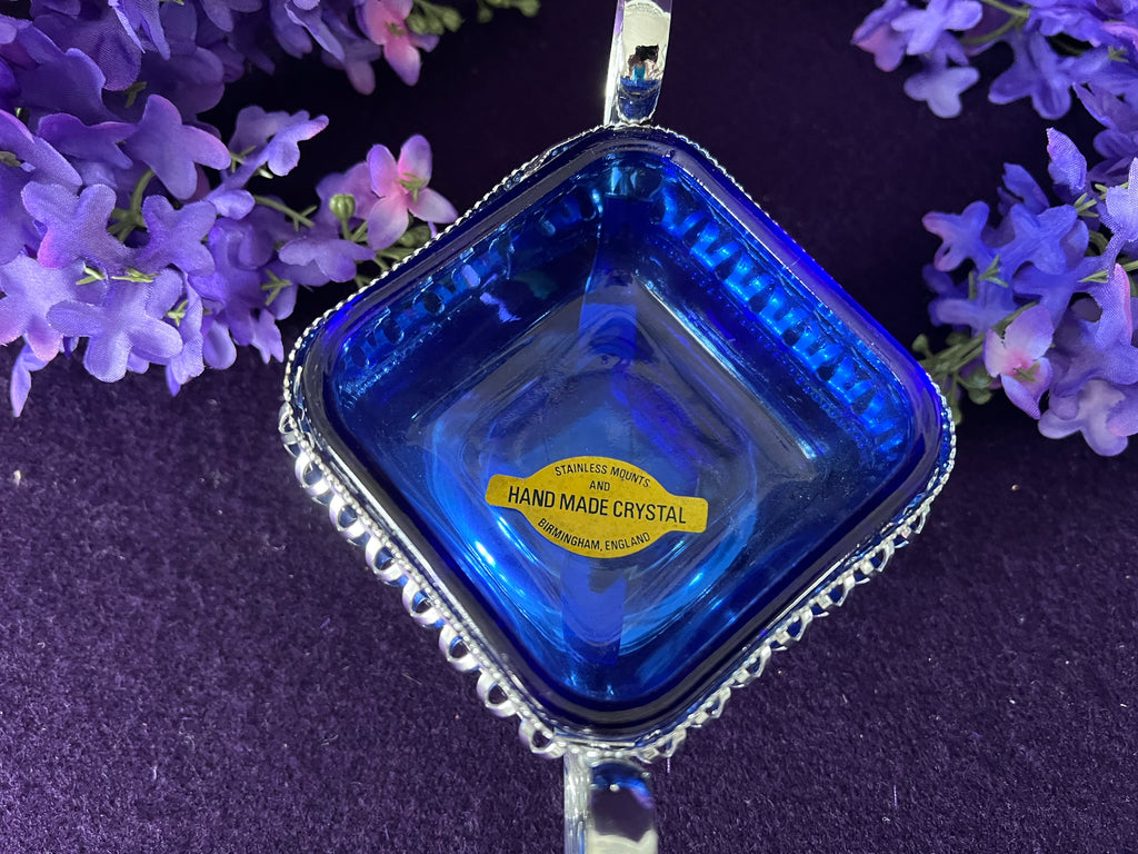 Cobalt Blue Crystal Bon Bon Dish with Silver-Tone Mounts | Vintage Birmingham England