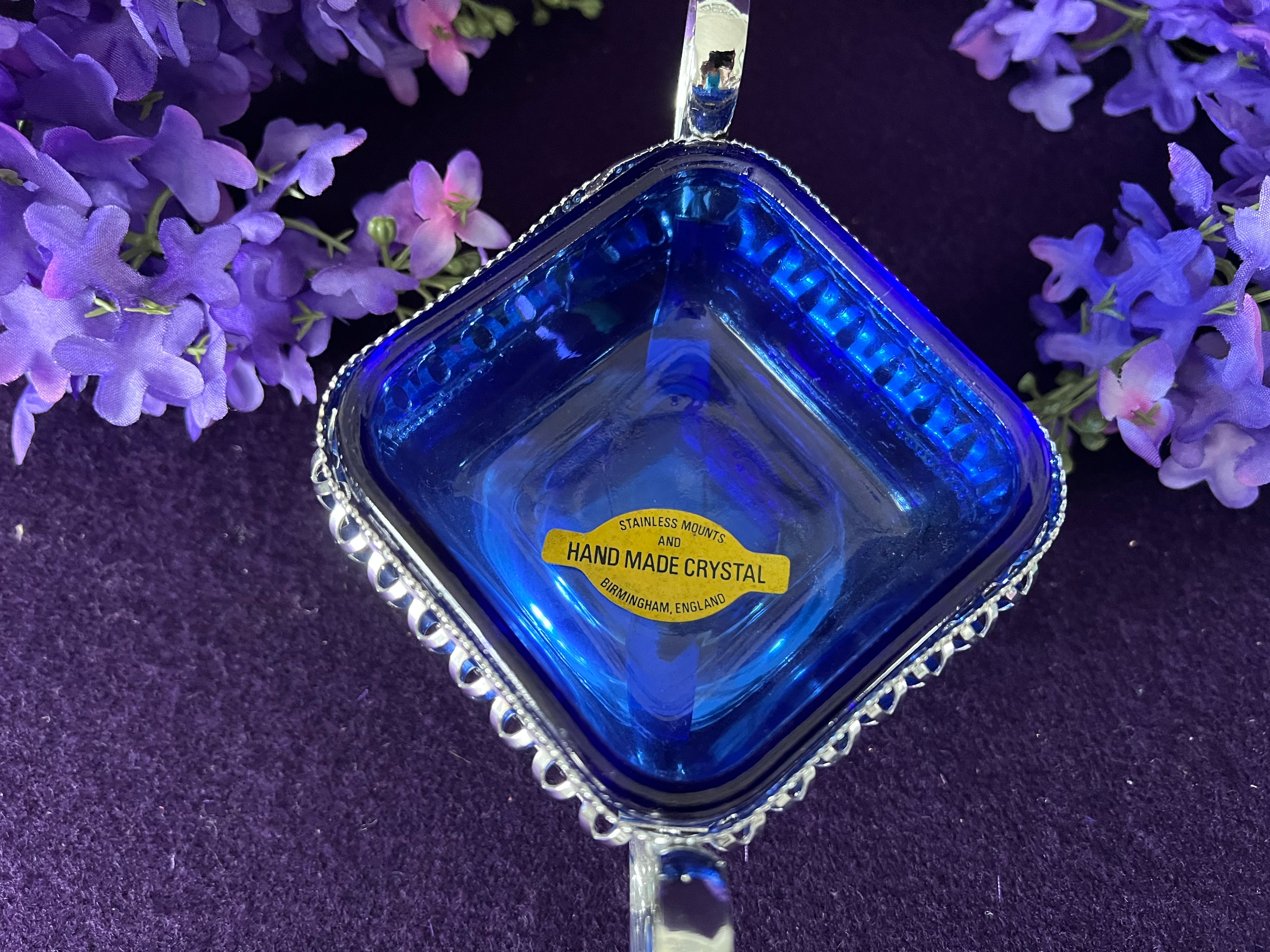 Cobalt Blue Crystal Bon Bon Dish with Silver-Tone Mounts | Vintage Birmingham England