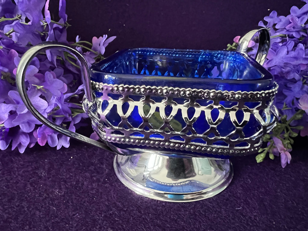 Cobalt Blue Crystal Bon Bon Dish with Silver-Tone Mounts | Vintage Birmingham England