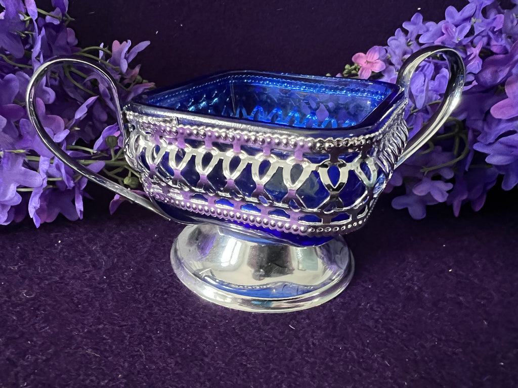 Cobalt Blue Crystal Bon Bon Dish with Silver-Tone Mounts | Vintage Birmingham England