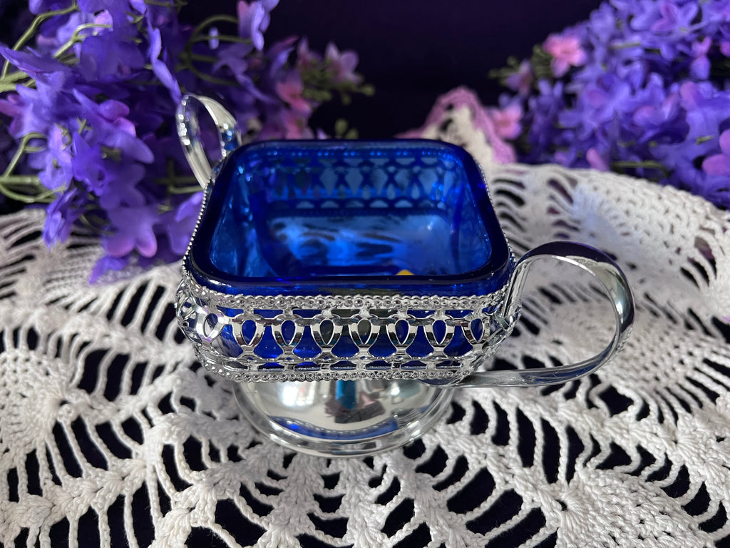 Cobalt Blue Crystal Bon Bon Dish with Silver-Tone Mounts | Vintage Birmingham England