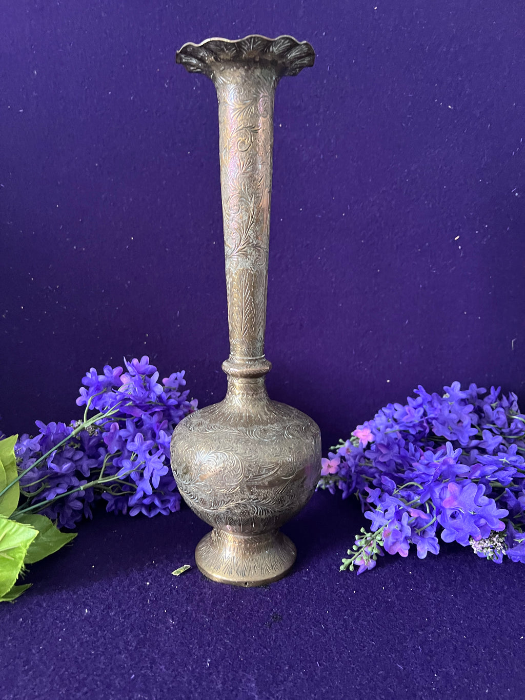 Vintage Indian Etched Brass Bud Vase | 37 cm Tall Ornate Trumpet Vase | Hollywood Regency