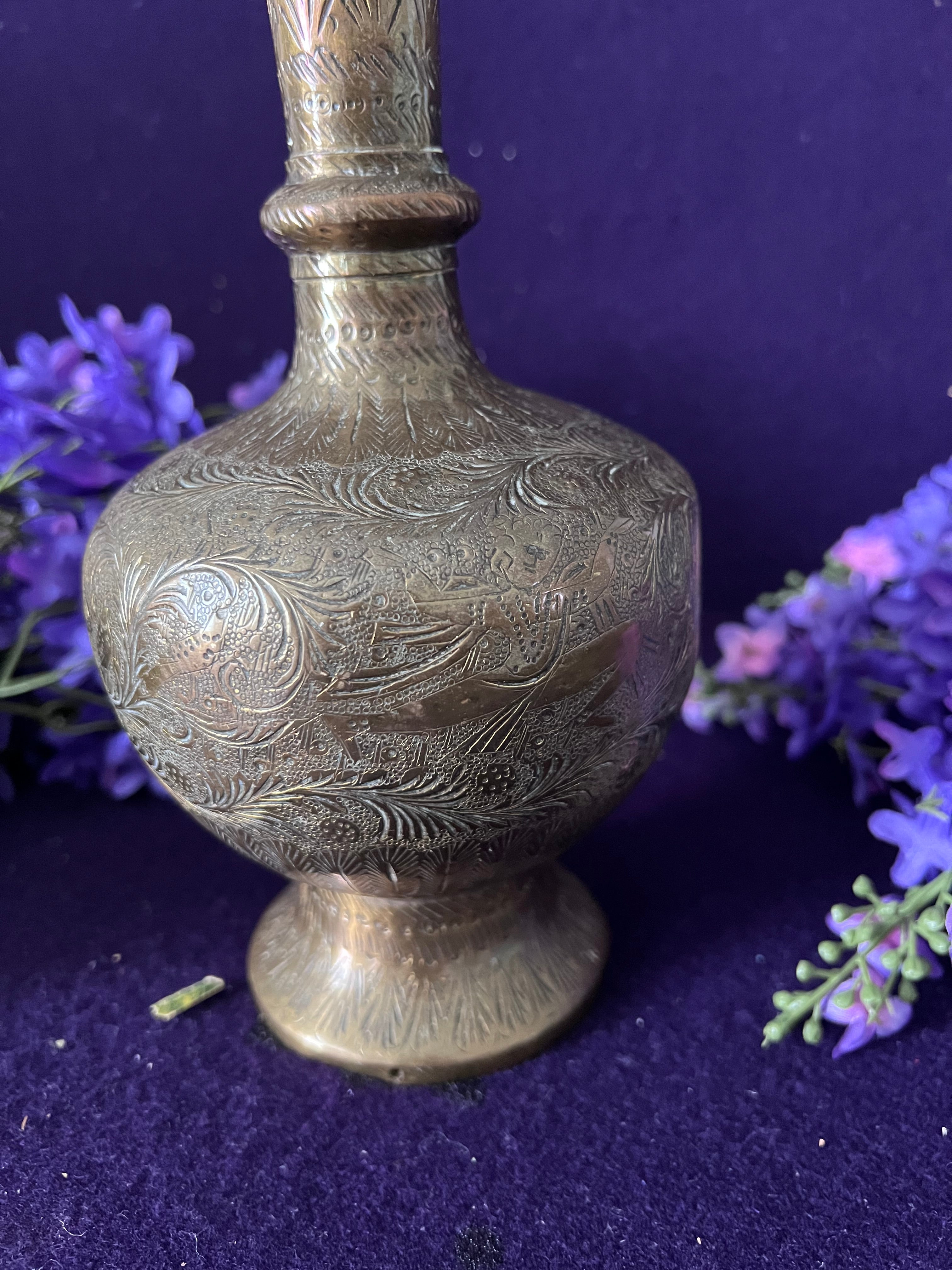 Vintage Indian Etched Brass Bud Vase | 37 cm Tall Ornate Trumpet Vase | Hollywood Regency