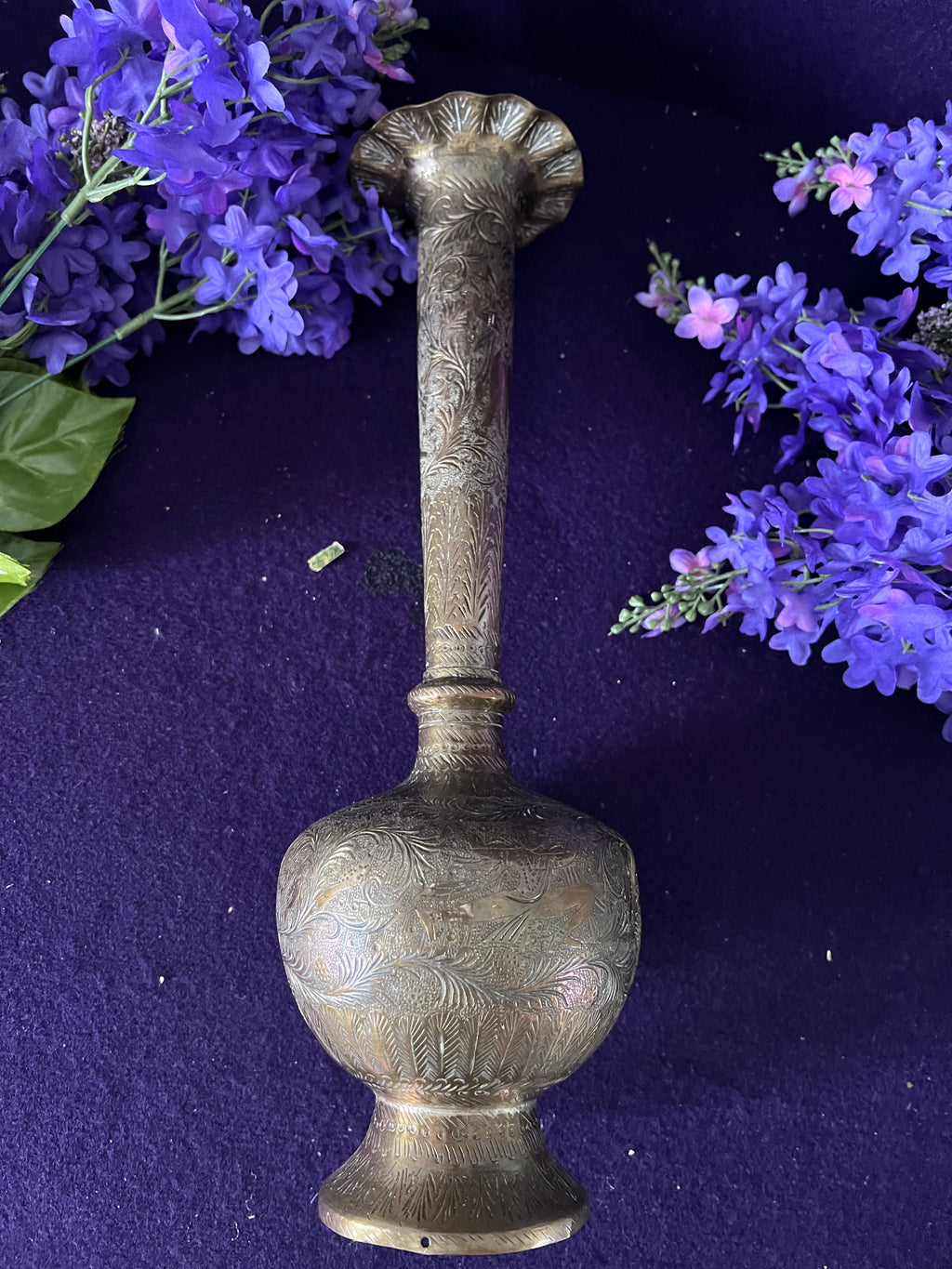 Vintage Indian Etched Brass Bud Vase | 37 cm Tall Ornate Trumpet Vase | Hollywood Regency