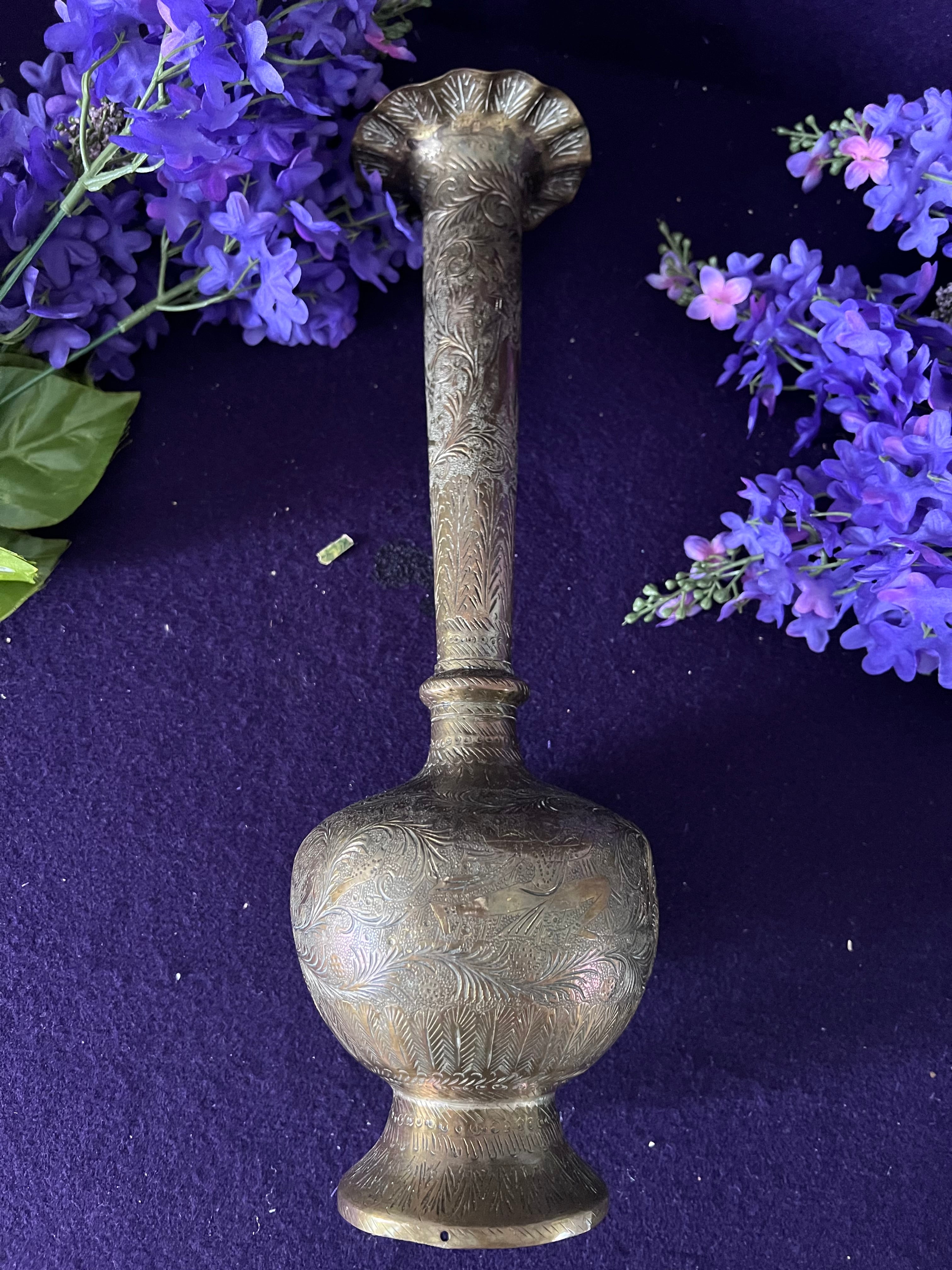 Vintage Indian Etched Brass Bud Vase | 37 cm Tall Ornate Trumpet Vase | Hollywood Regency