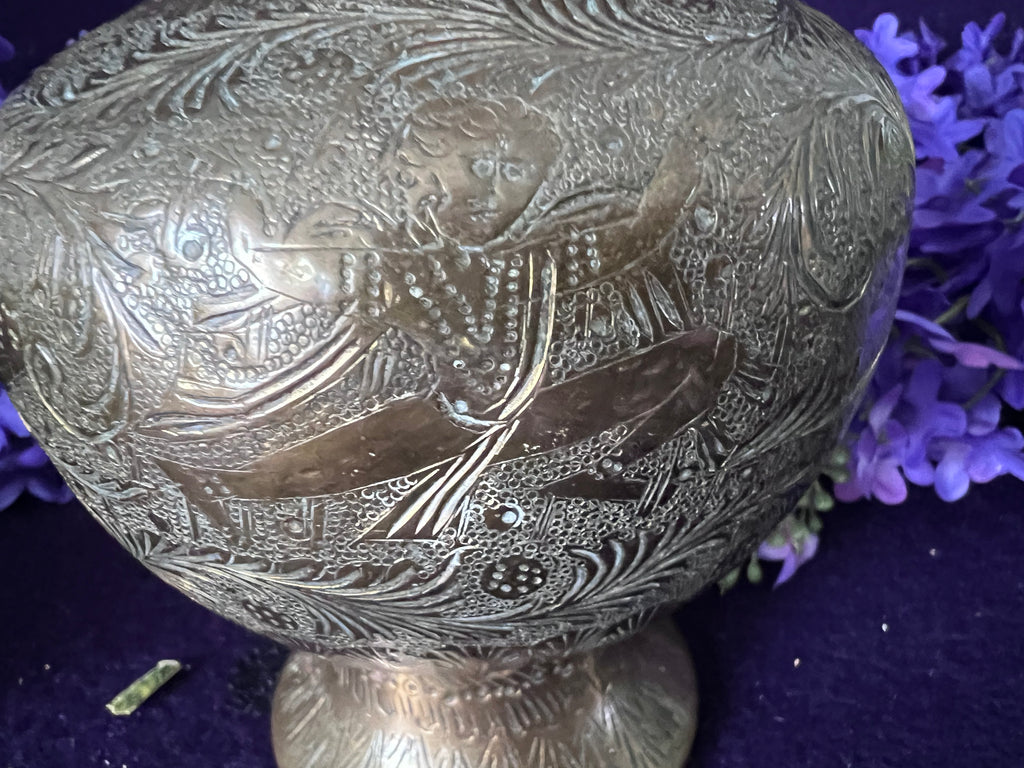 Vintage Indian Etched Brass Bud Vase | 37 cm Tall Ornate Trumpet Vase | Hollywood Regency