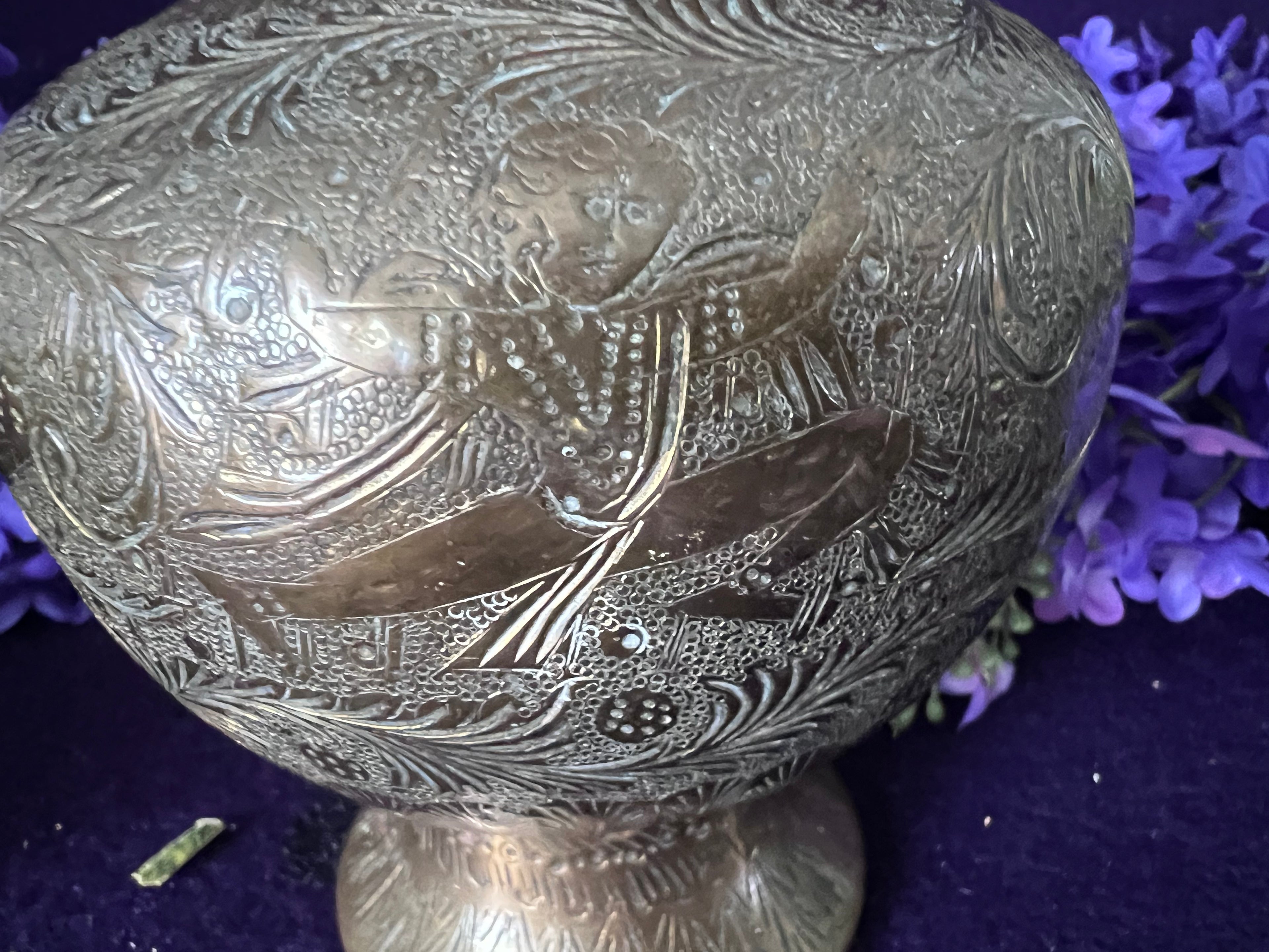 Vintage Indian Etched Brass Bud Vase | 37 cm Tall Ornate Trumpet Vase | Hollywood Regency