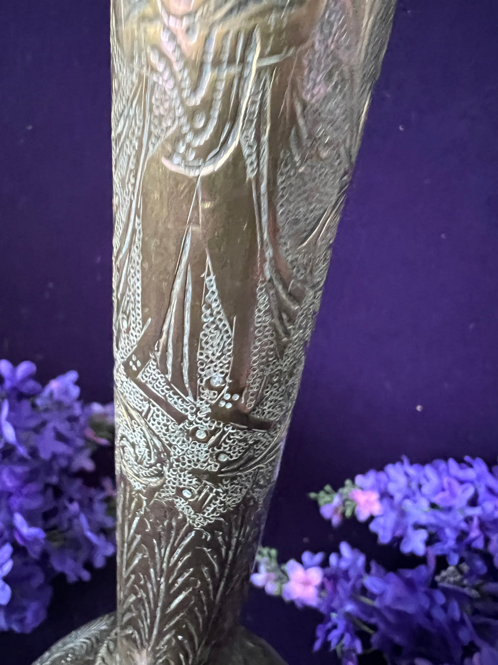 Vintage Indian Etched Brass Bud Vase | 37 cm Tall Ornate Trumpet Vase | Hollywood Regency