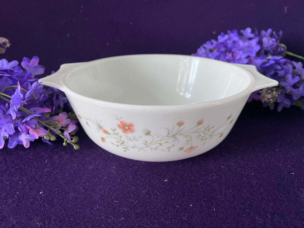 JAJ Pyrex Milk Glass Floral Bowl | Vintage Mid-Century English Kitchenware