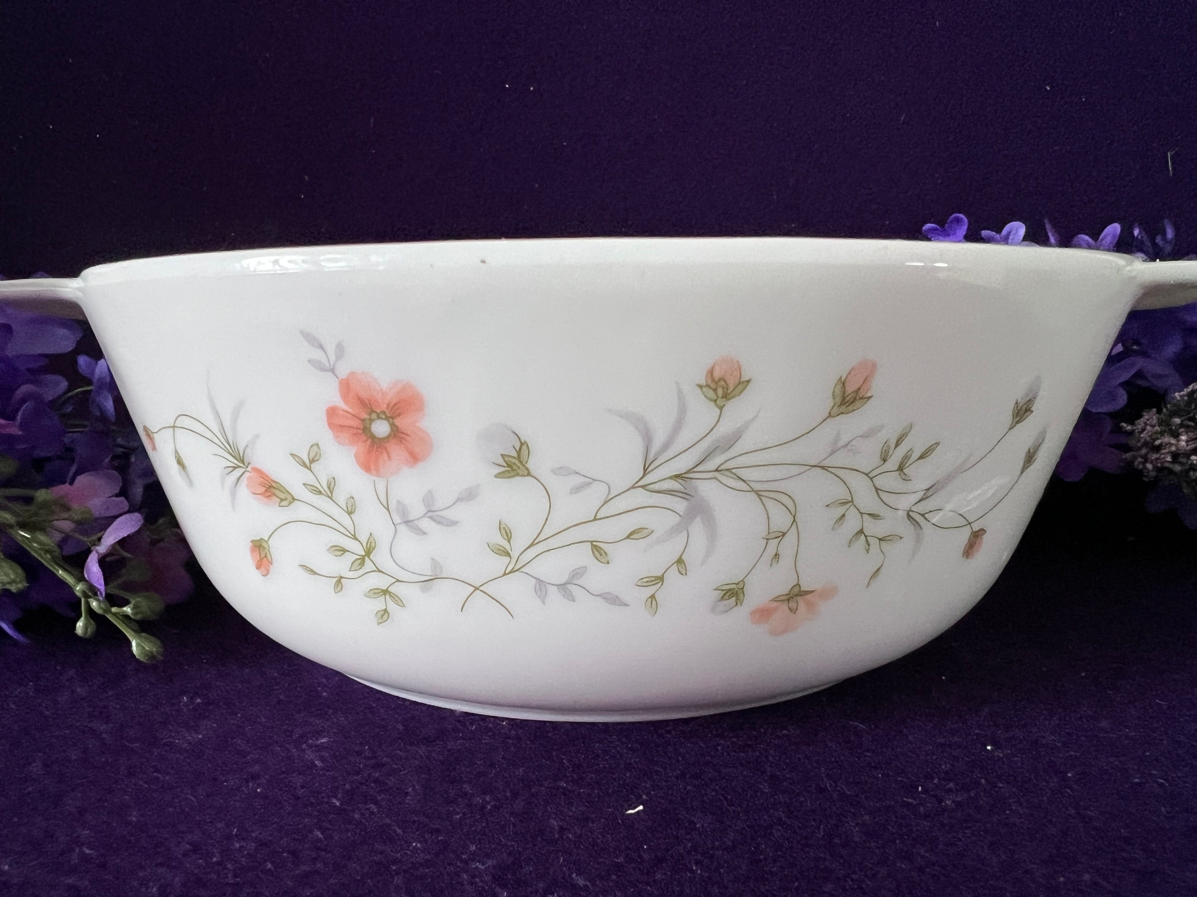 JAJ Pyrex Milk Glass Floral Bowl | Vintage Mid-Century English Kitchenware