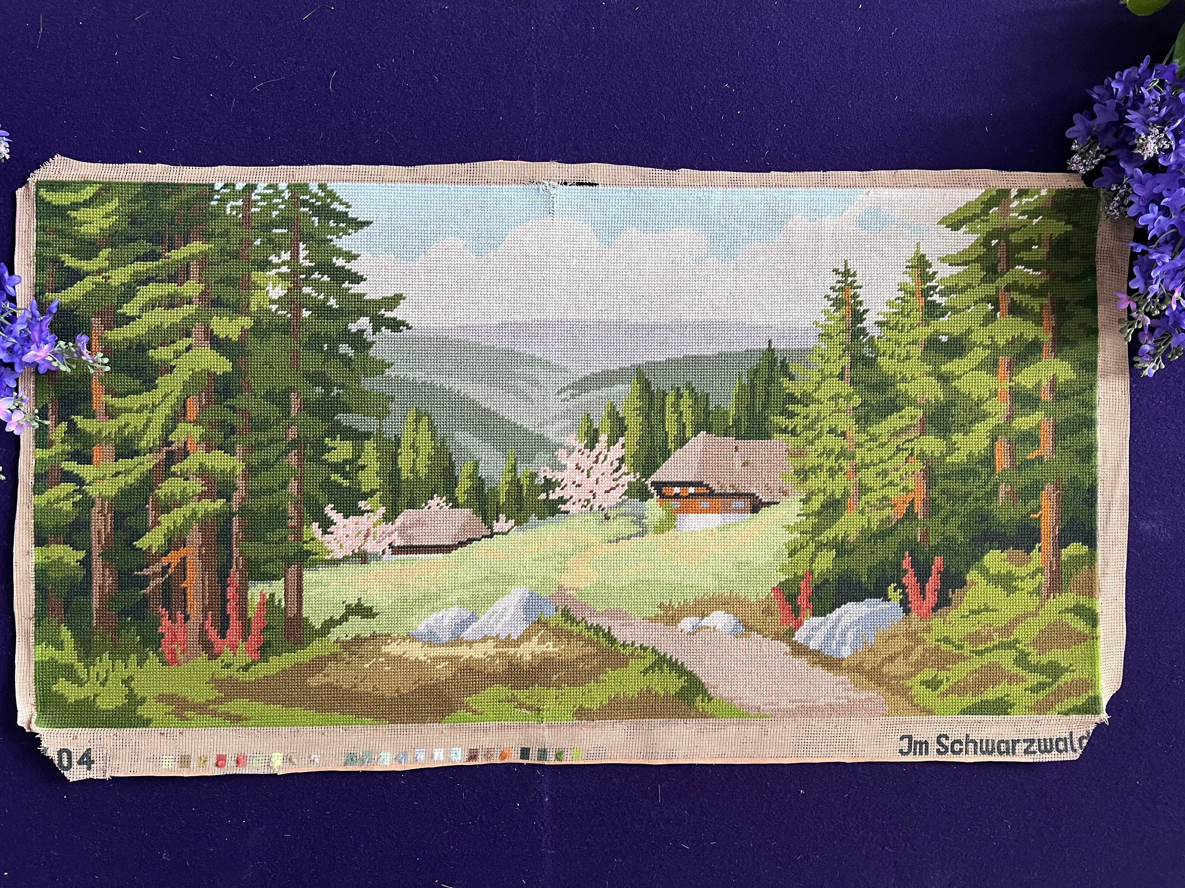 Vintage ‘Im Schwarzwald’ Needlepoint Tapestry | Large Black Forest Landscape Wall Art