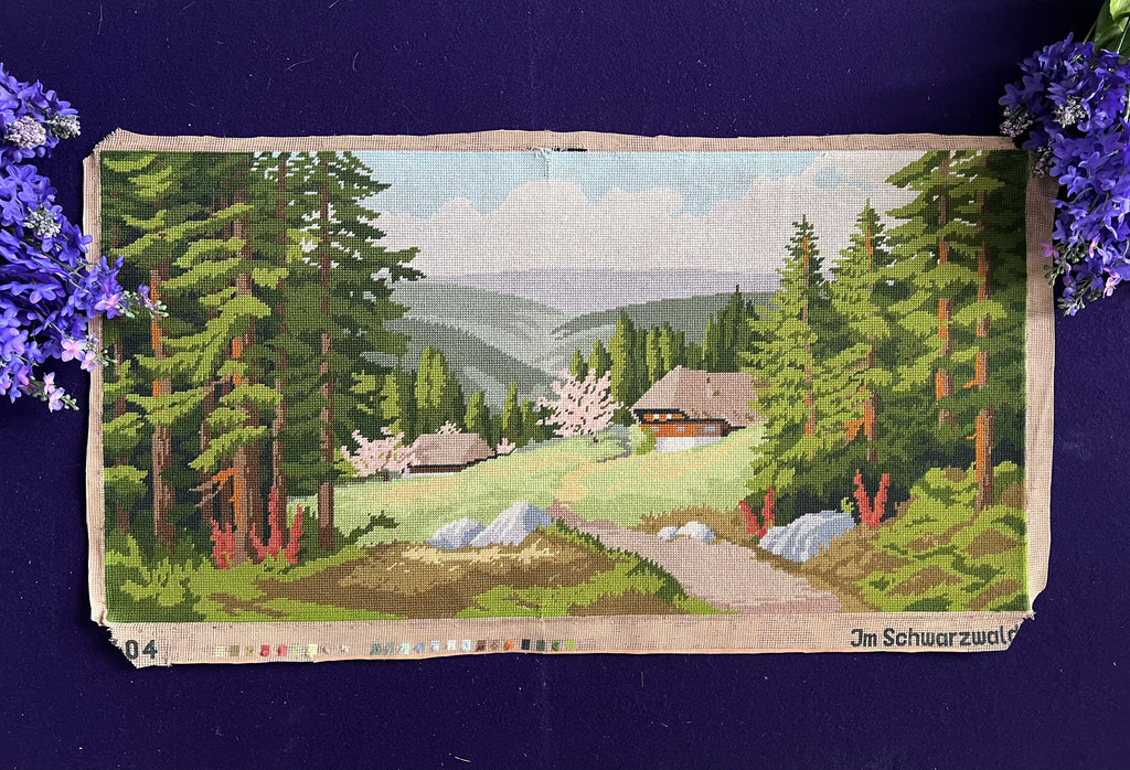 Vintage ‘Im Schwarzwald’ Needlepoint Tapestry | Large Black Forest Landscape Wall Art