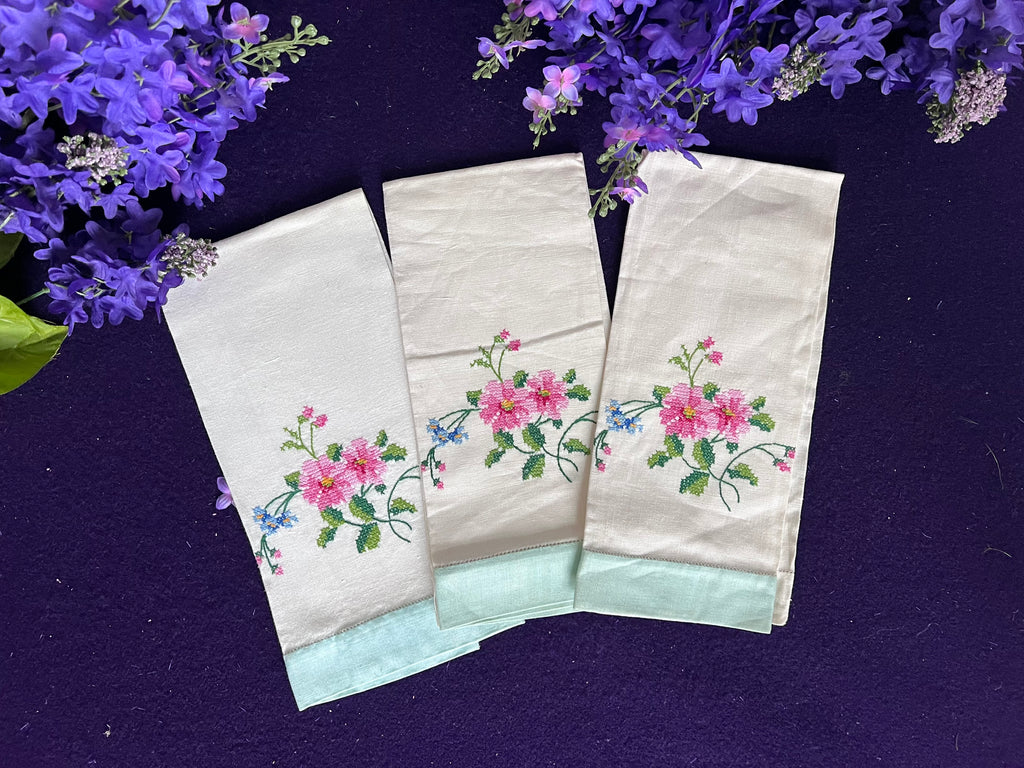 Vintage Hand-Embroidered Floral Tea Towels, Set of 3 | Cross Stitch Pink & Blue Blooms