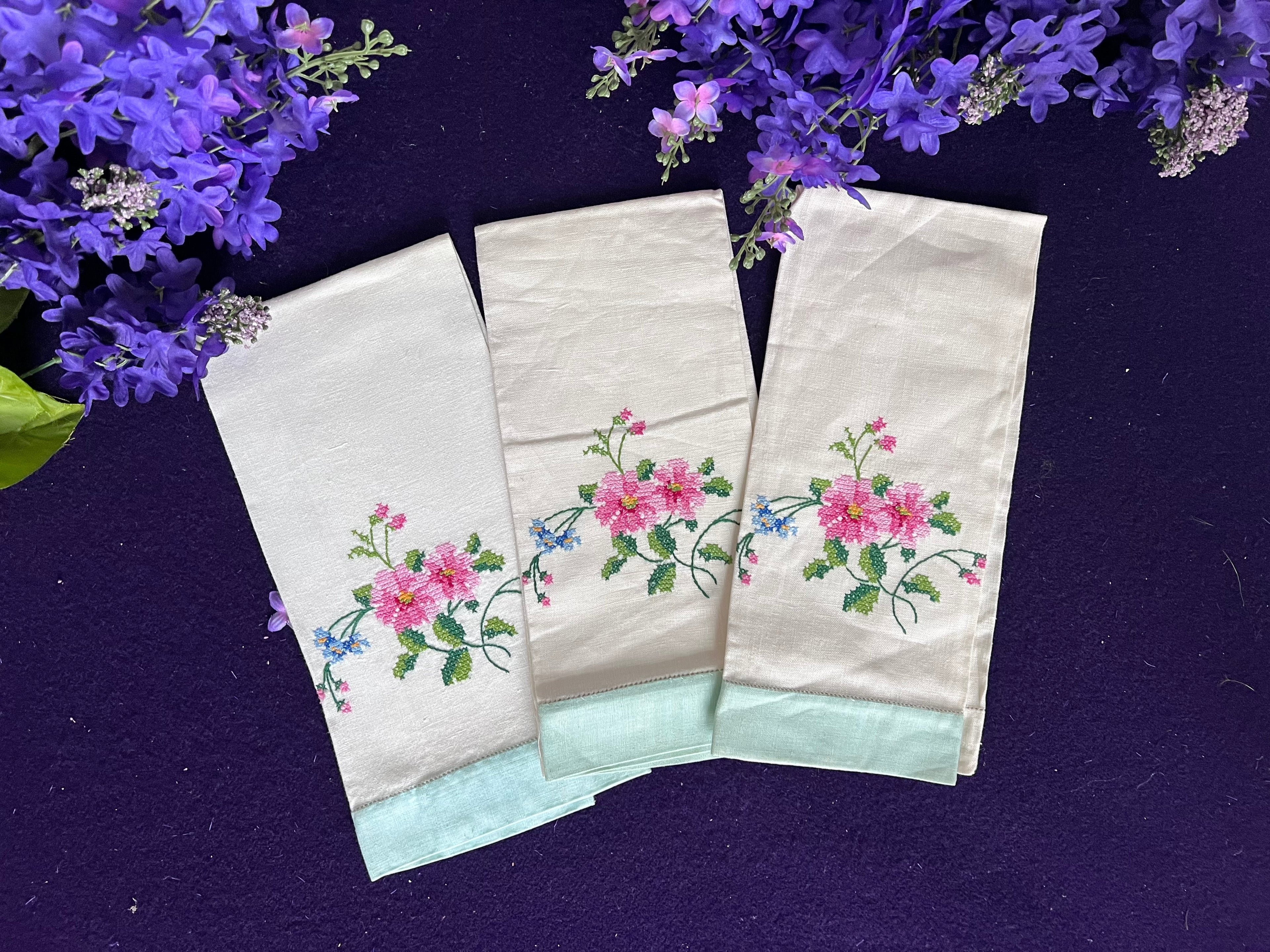 Vintage Hand-Embroidered Floral Tea Towels, Set of 3 | Cross Stitch Pink & Blue Blooms