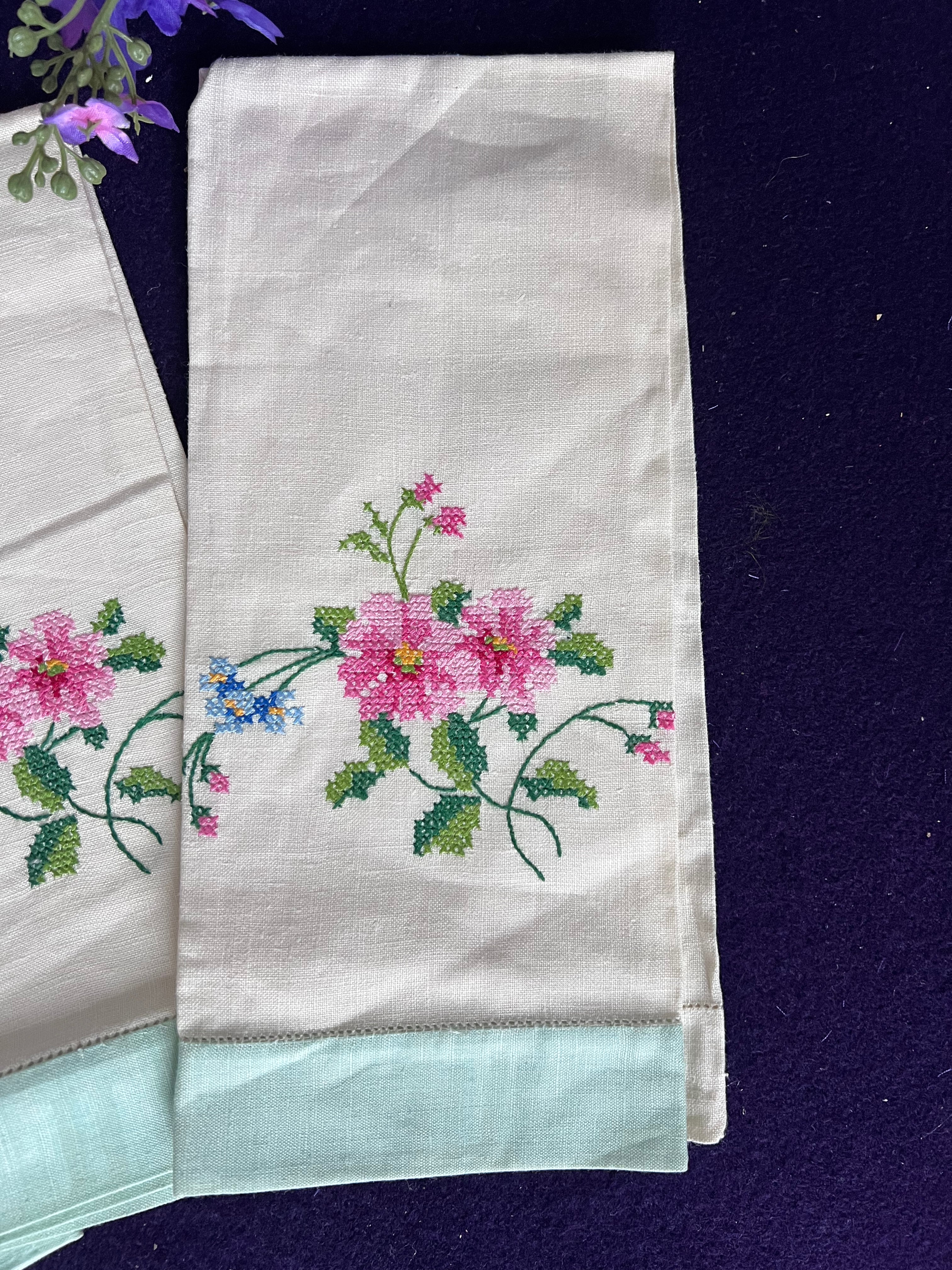 Vintage Hand-Embroidered Floral Tea Towels, Set of 3 | Cross Stitch Pink & Blue Blooms
