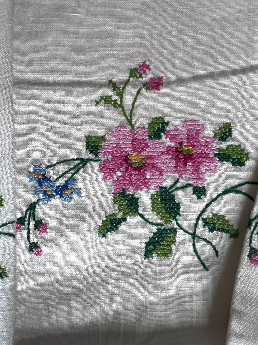 Vintage Hand-Embroidered Floral Tea Towels, Set of 3 | Cross Stitch Pink & Blue Blooms