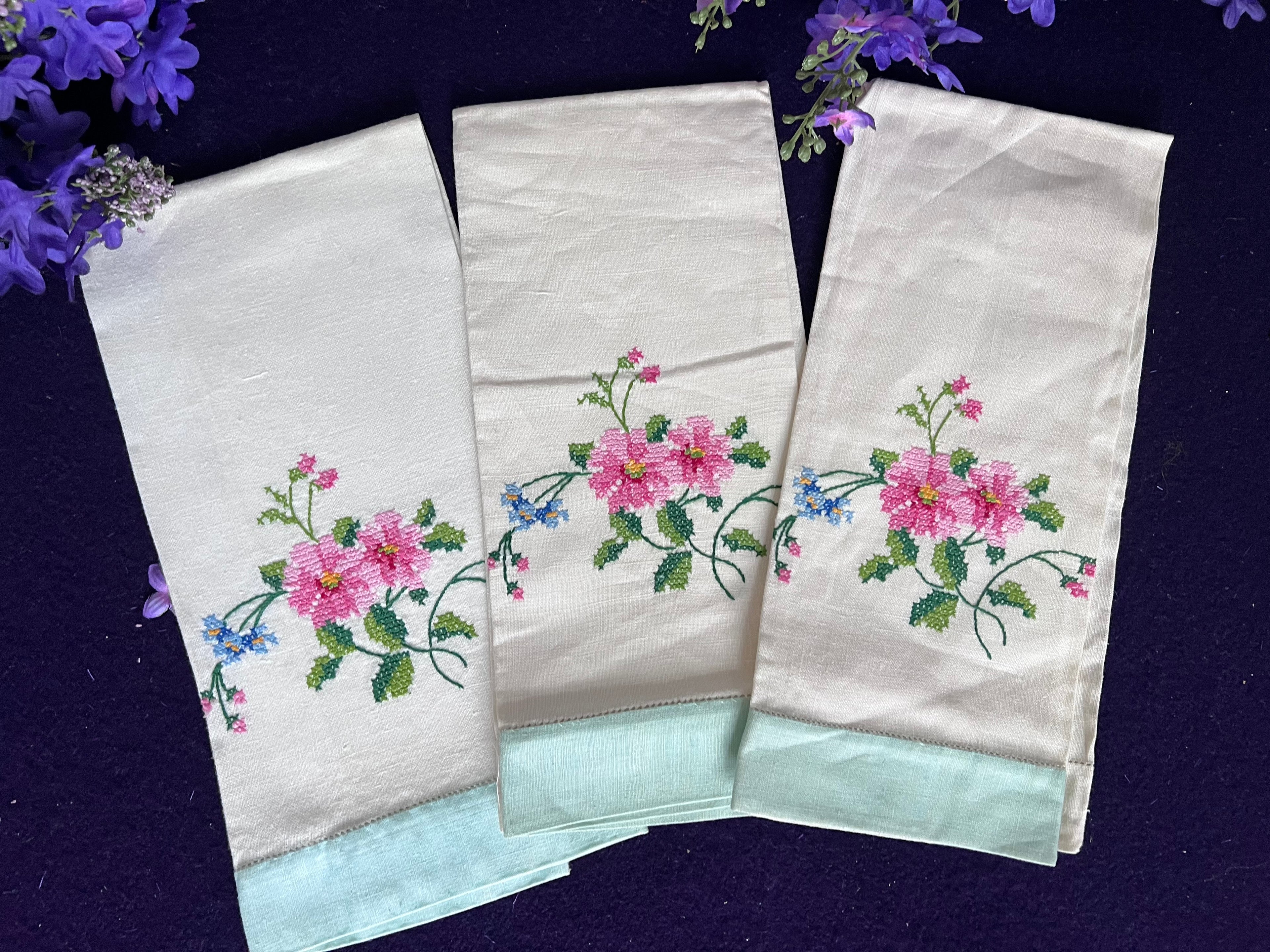 Vintage Hand-Embroidered Floral Tea Towels, Set of 3 | Cross Stitch Pink & Blue Blooms