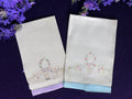 Vintage Floral Embroidered Guest Towels, Set of 2 | Pastel Flower Basket with Lilac & Blue Trim