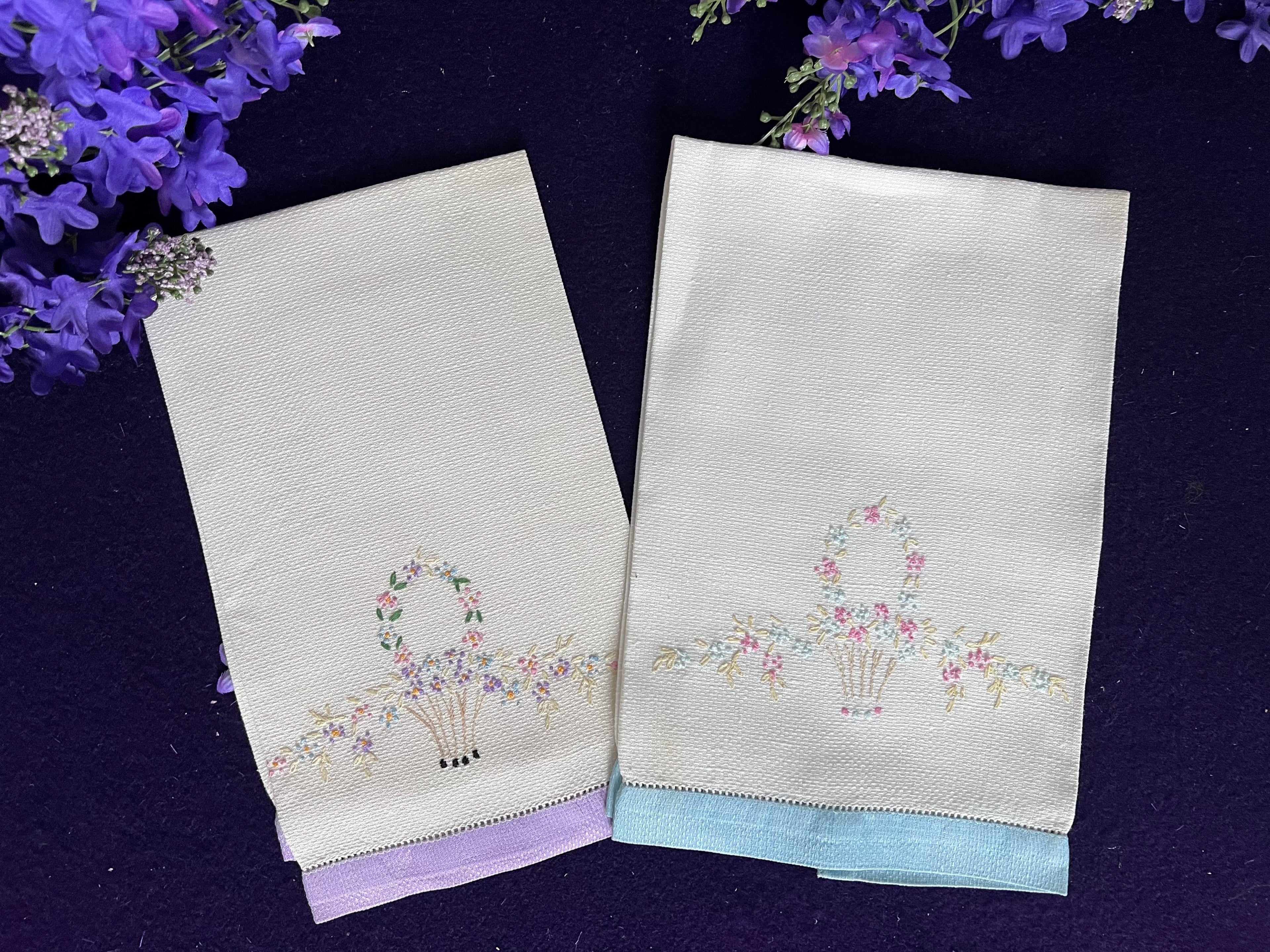 Vintage Floral Embroidered Guest Towels, Set of 2 | Pastel Flower Basket with Lilac & Blue Trim