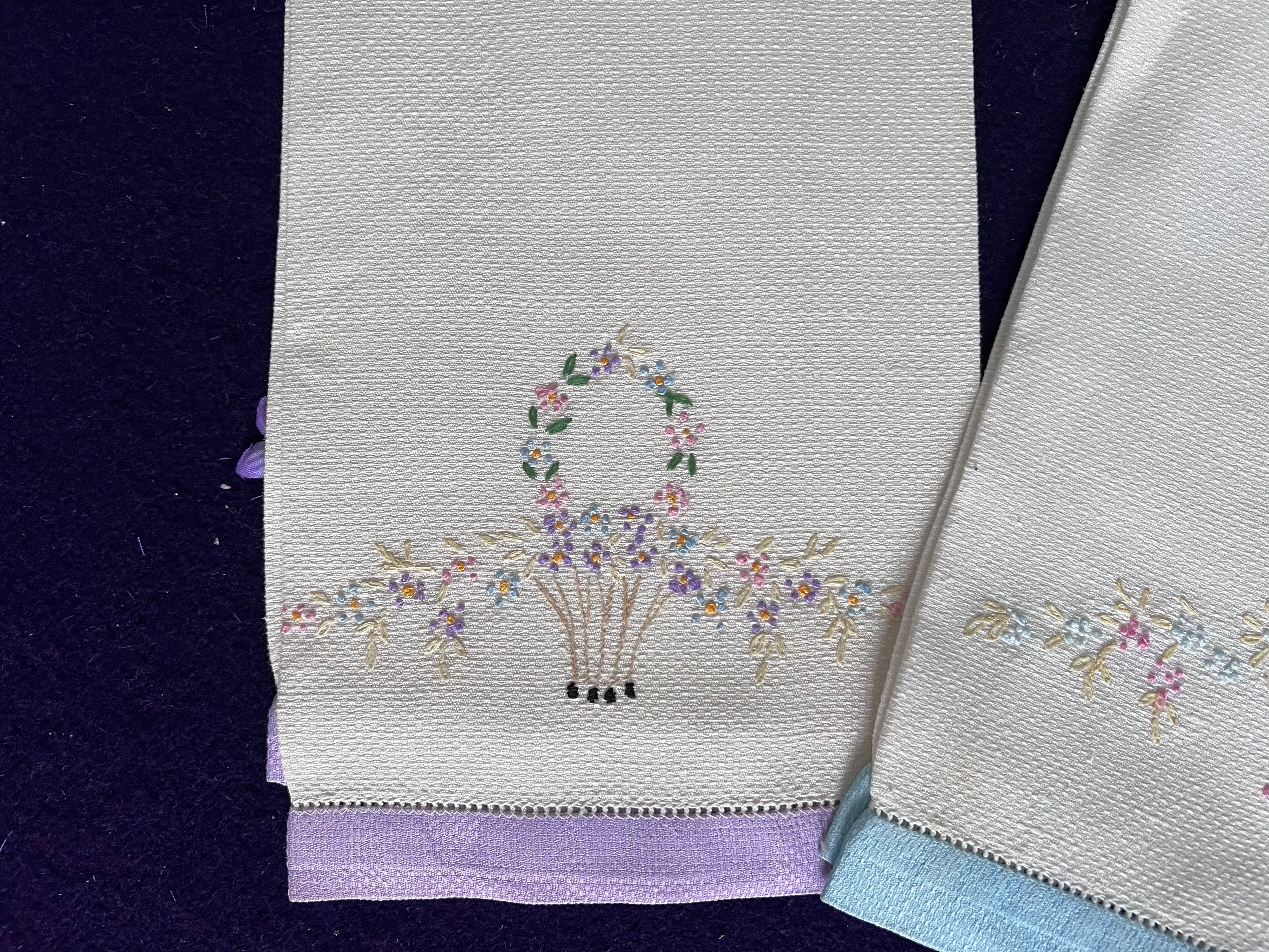 Vintage Floral Embroidered Guest Towels, Set of 2 | Pastel Flower Basket with Lilac & Blue Trim