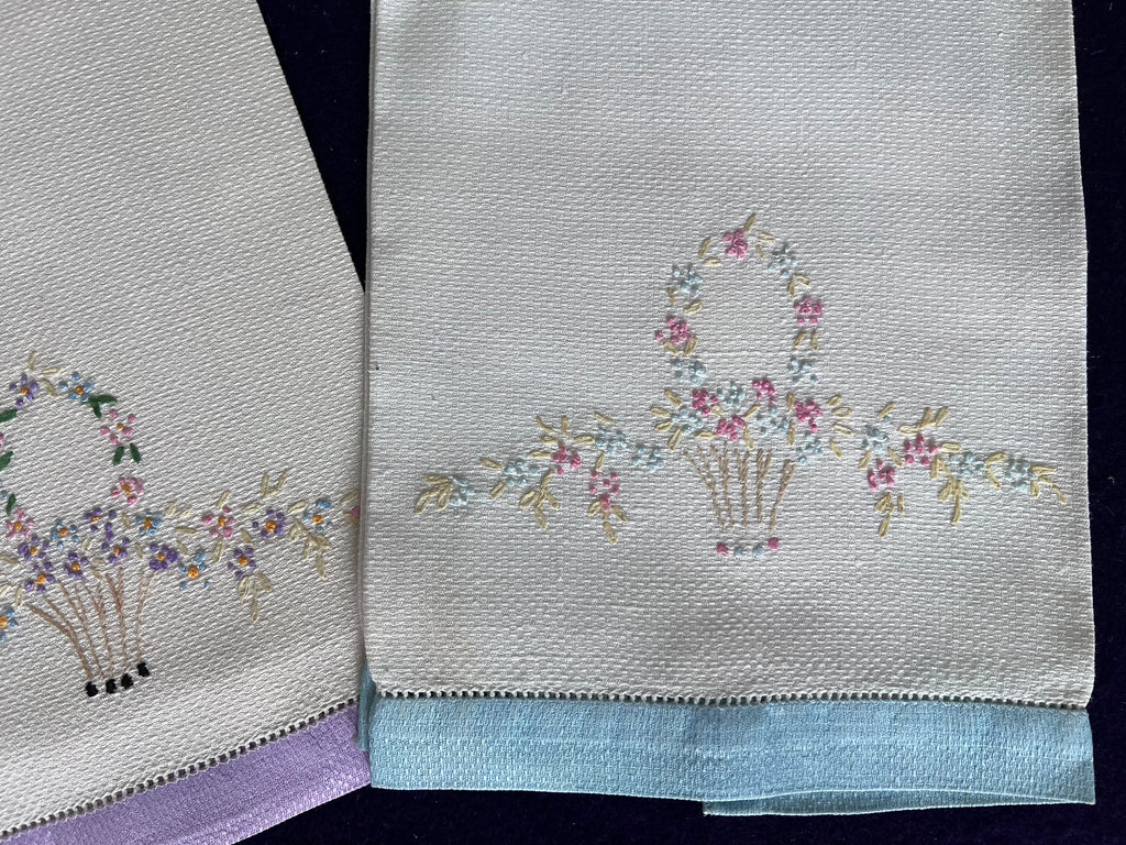 Vintage Floral Embroidered Guest Towels, Set of 2 | Pastel Flower Basket with Lilac & Blue Trim