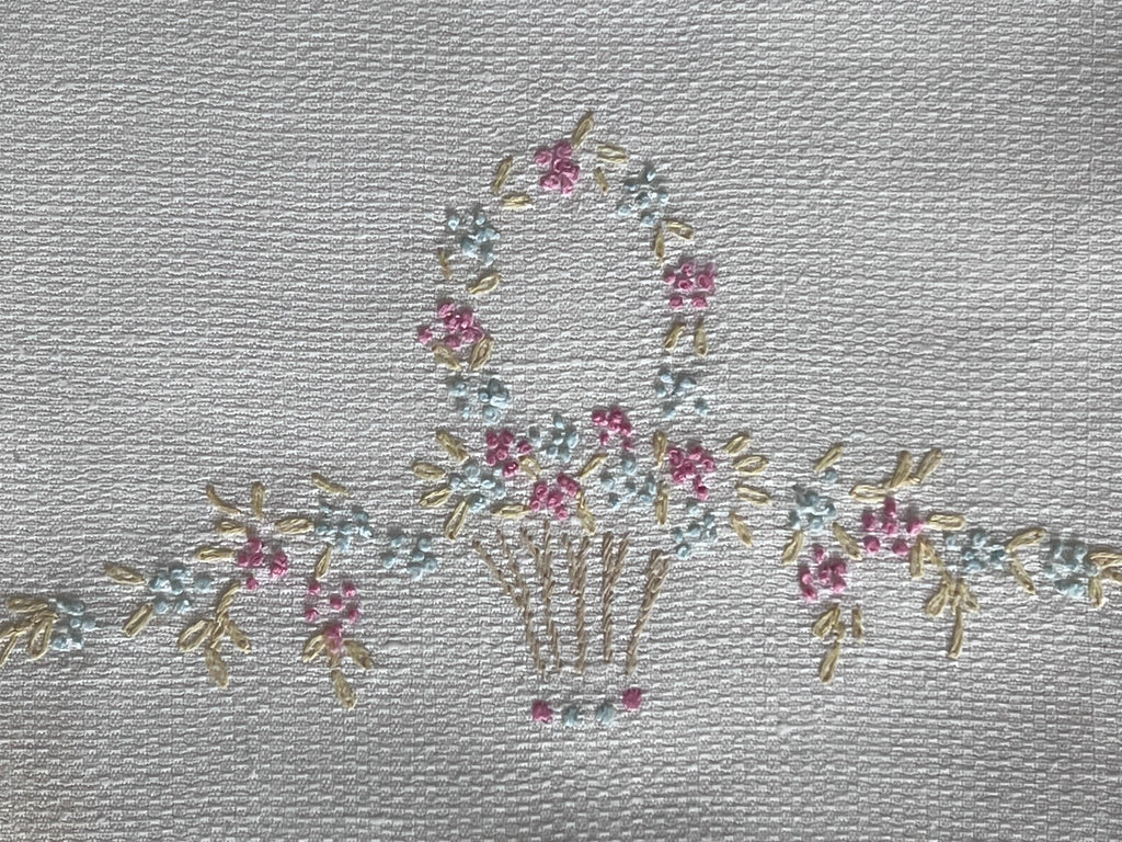 Vintage Floral Embroidered Guest Towels, Set of 2 | Pastel Flower Basket with Lilac & Blue Trim