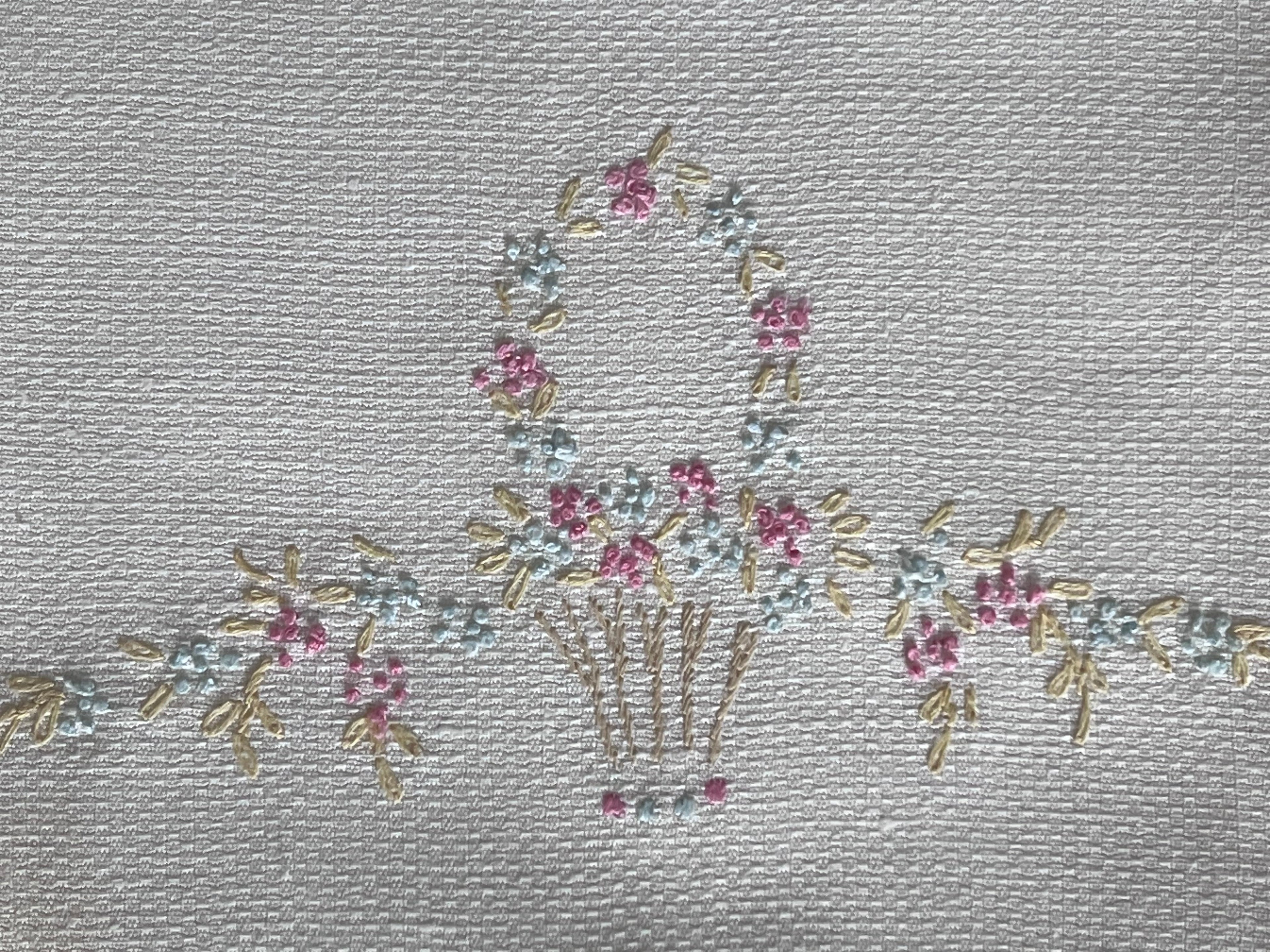 Vintage Floral Embroidered Guest Towels, Set of 2 | Pastel Flower Basket with Lilac & Blue Trim