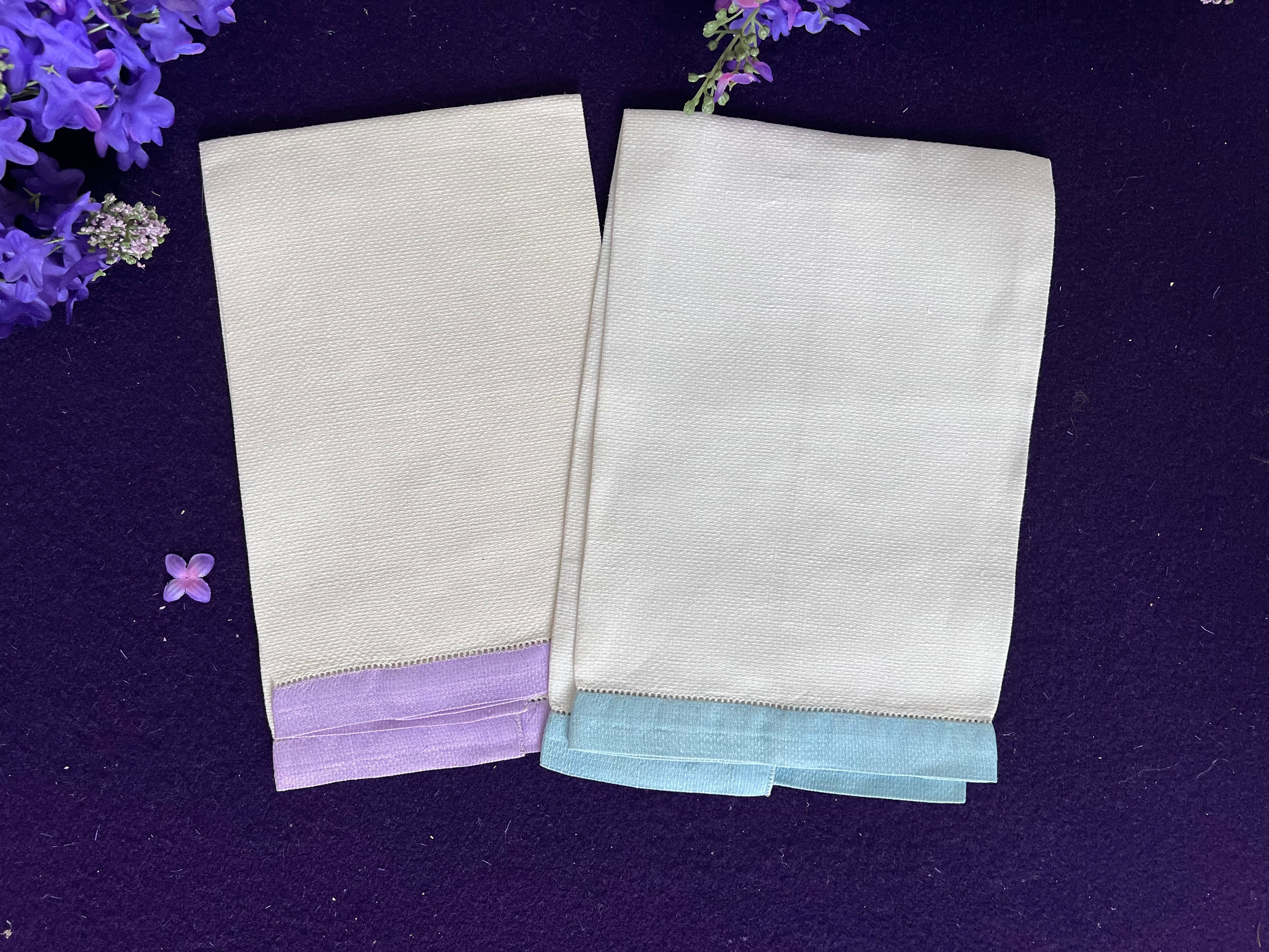Vintage Floral Embroidered Guest Towels, Set of 2 | Pastel Flower Basket with Lilac & Blue Trim