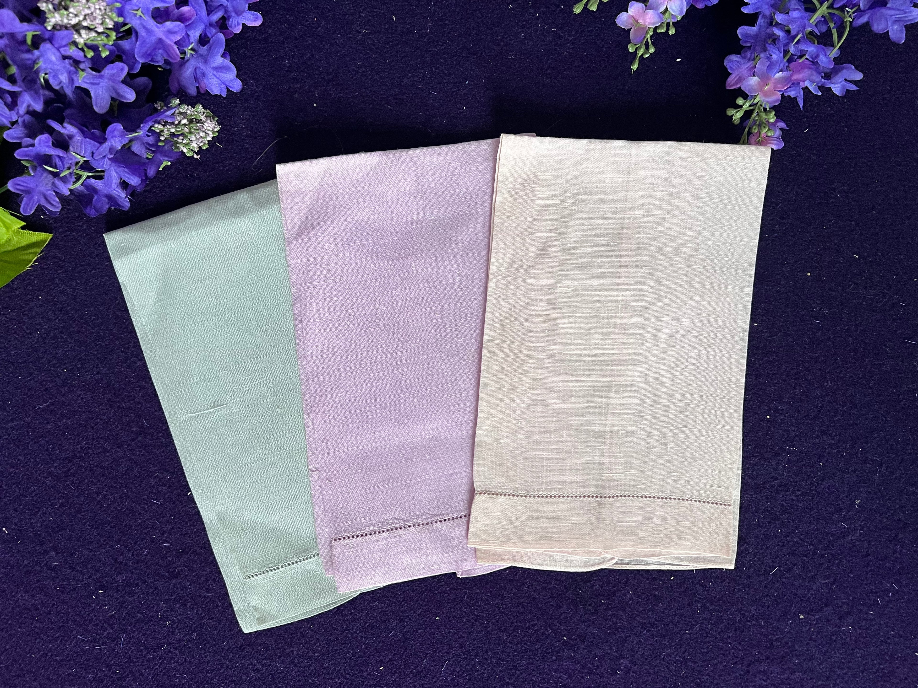 Vintage Pastel Linen Guest Towels, Set of 3 | Sage, Lavender & Cream Hemstitched Linens