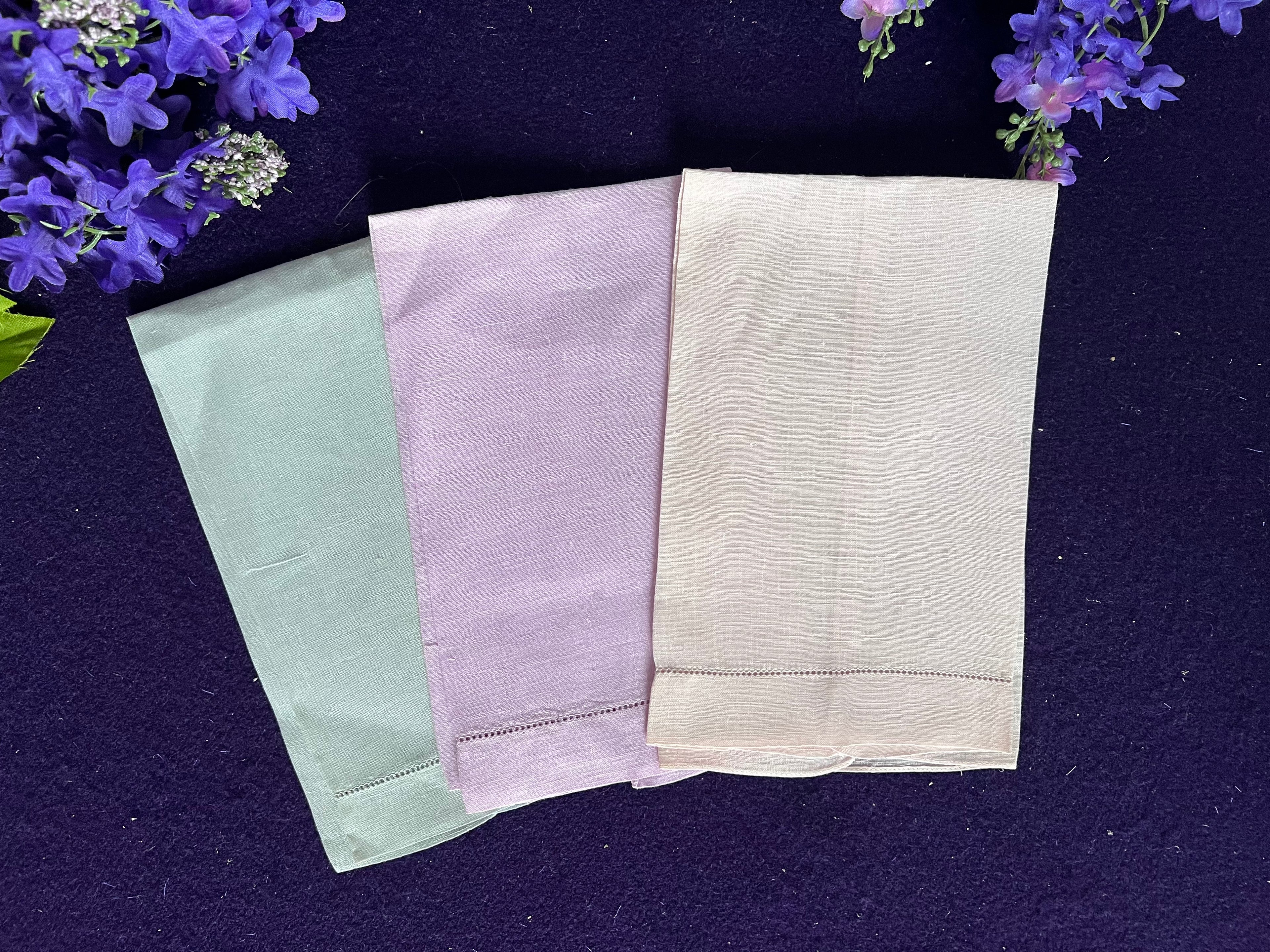 Vintage Pastel Linen Guest Towels, Set of 3 | Sage, Lavender & Cream Hemstitched Linens