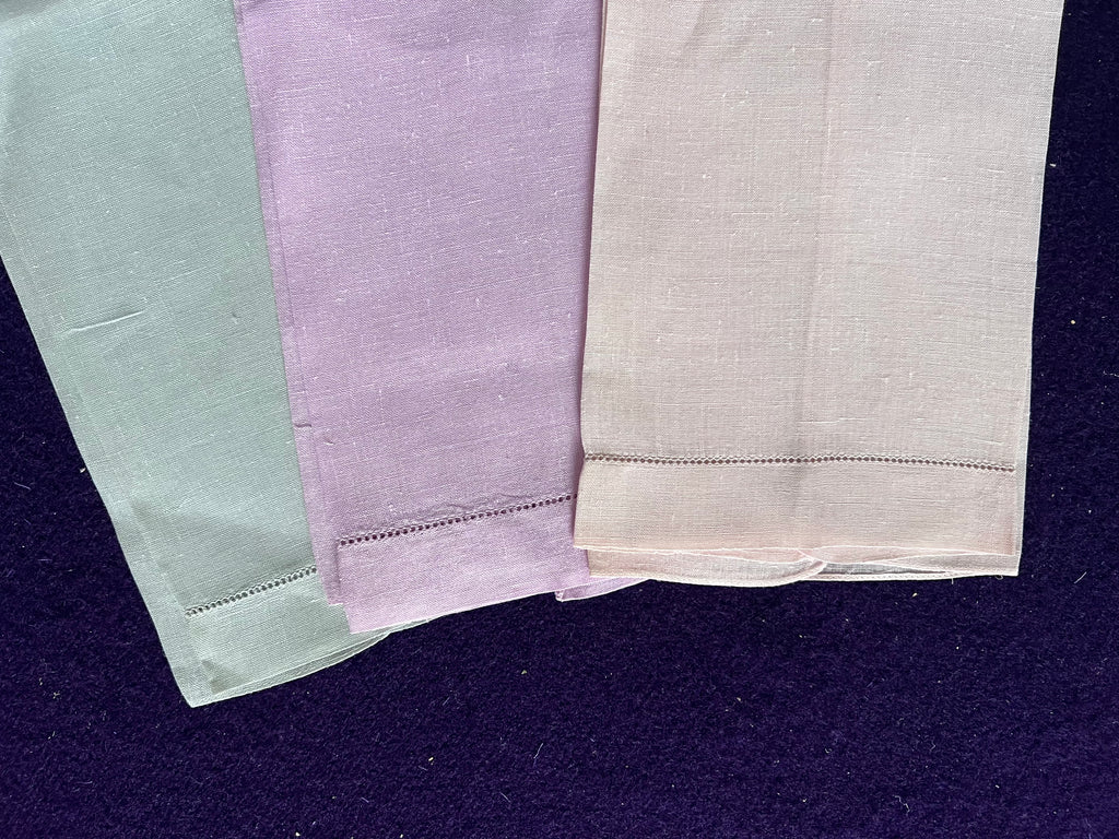 Vintage Pastel Linen Guest Towels, Set of 3 | Sage, Lavender & Cream Hemstitched Linens