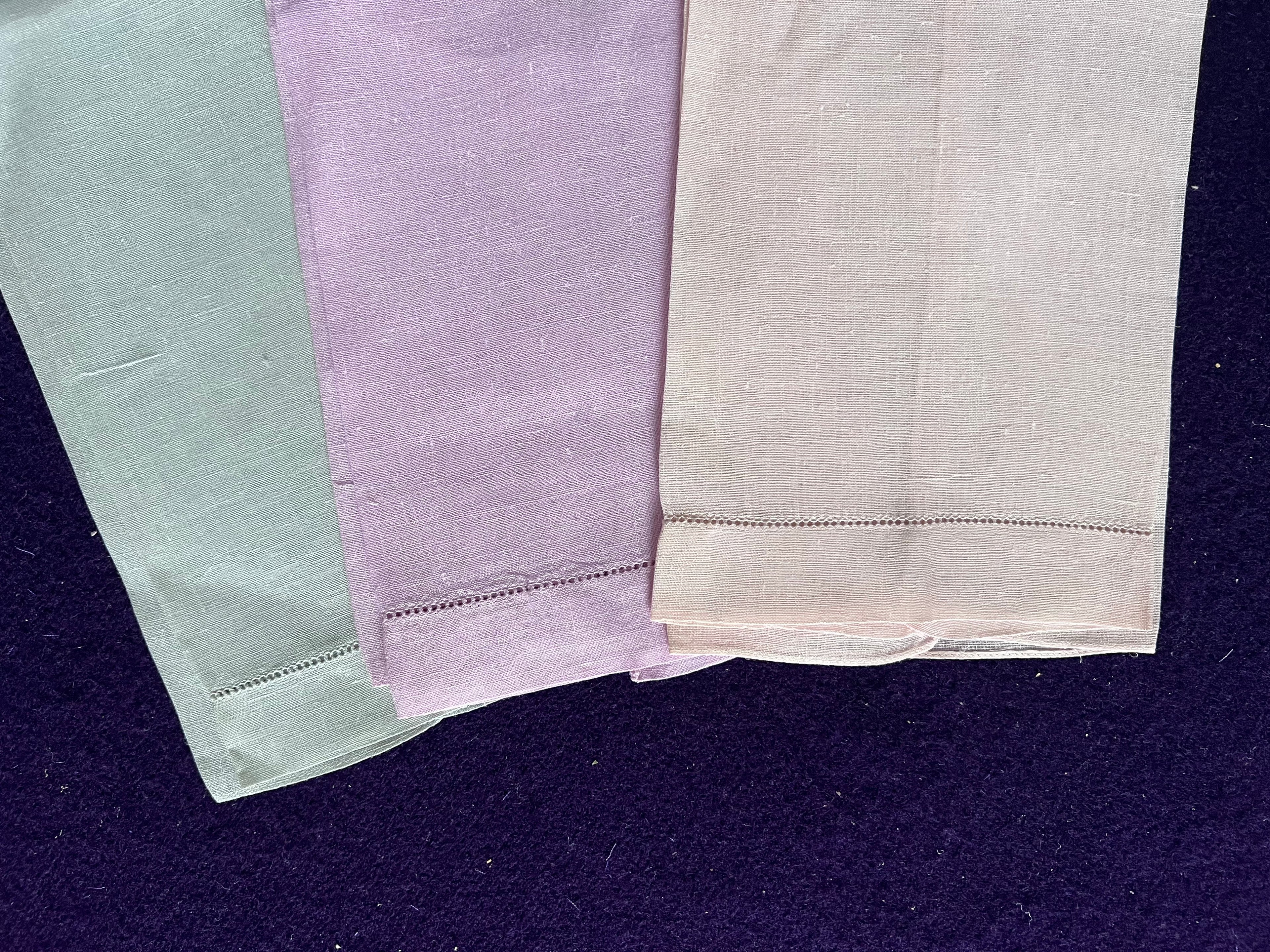 Vintage Pastel Linen Guest Towels, Set of 3 | Sage, Lavender & Cream Hemstitched Linens