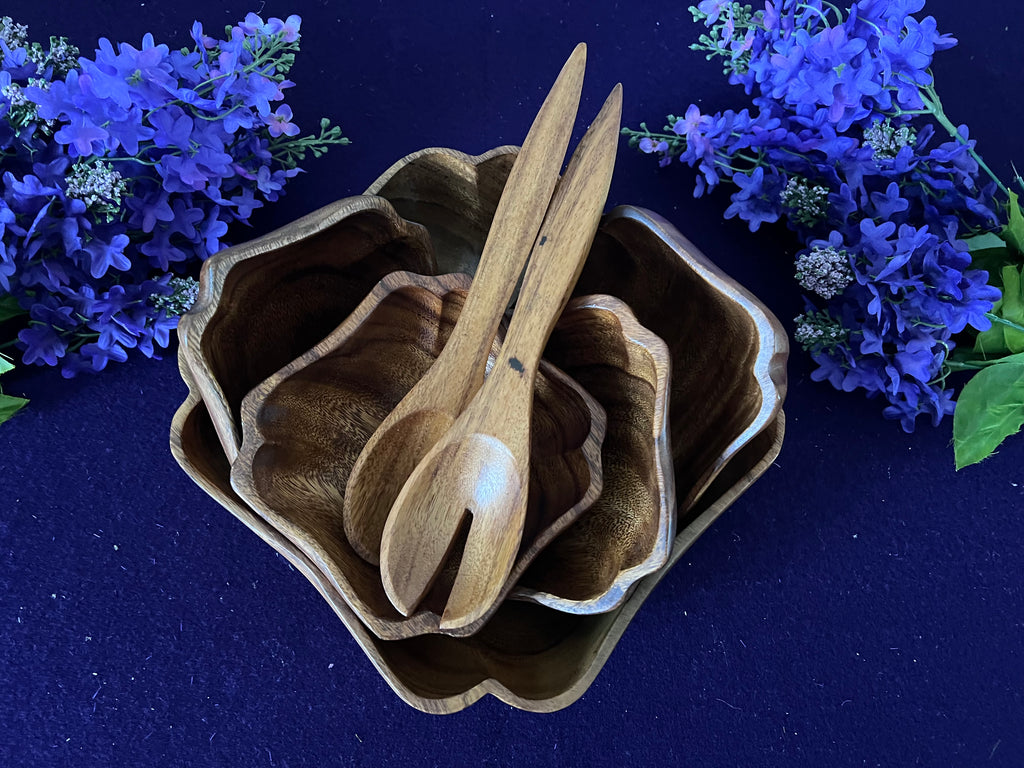 Vintage Monkey Pod Wood Salad Serving Set, 7-Piece | Hand-Crafted Philippines
