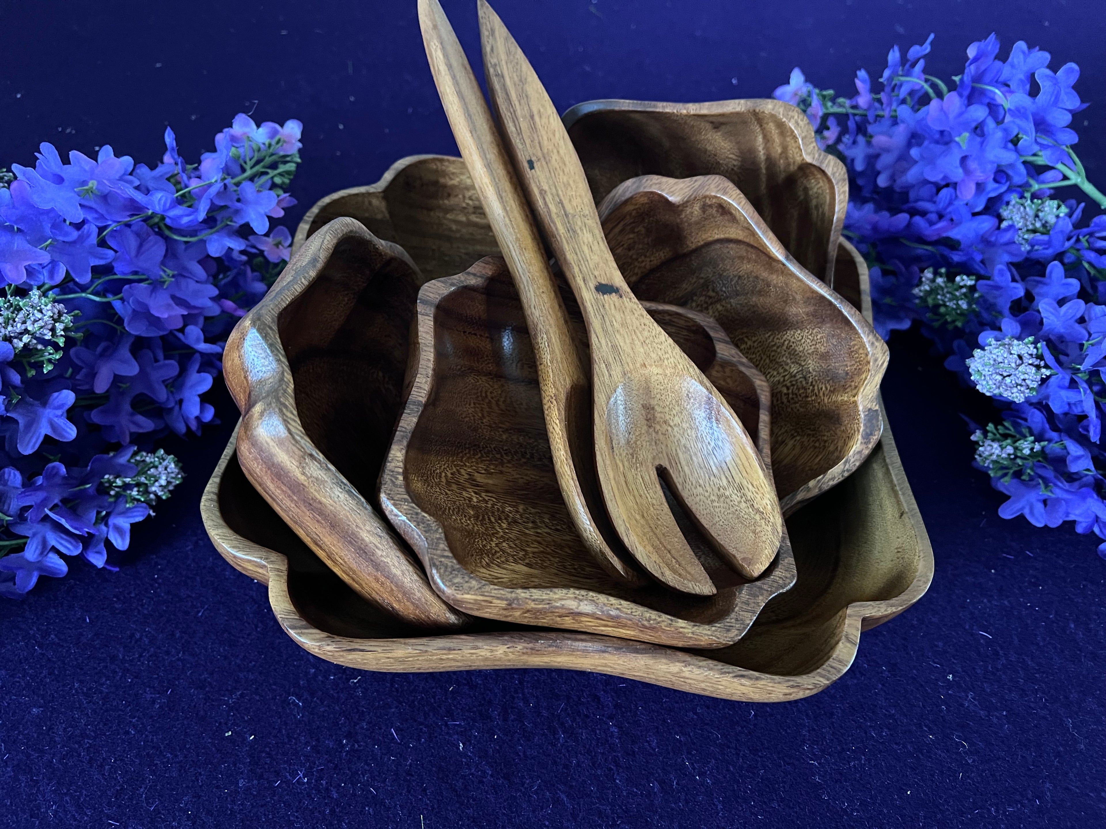 Vintage Monkey Pod Wood Salad Serving Set, 7-Piece | Hand-Crafted Philippines