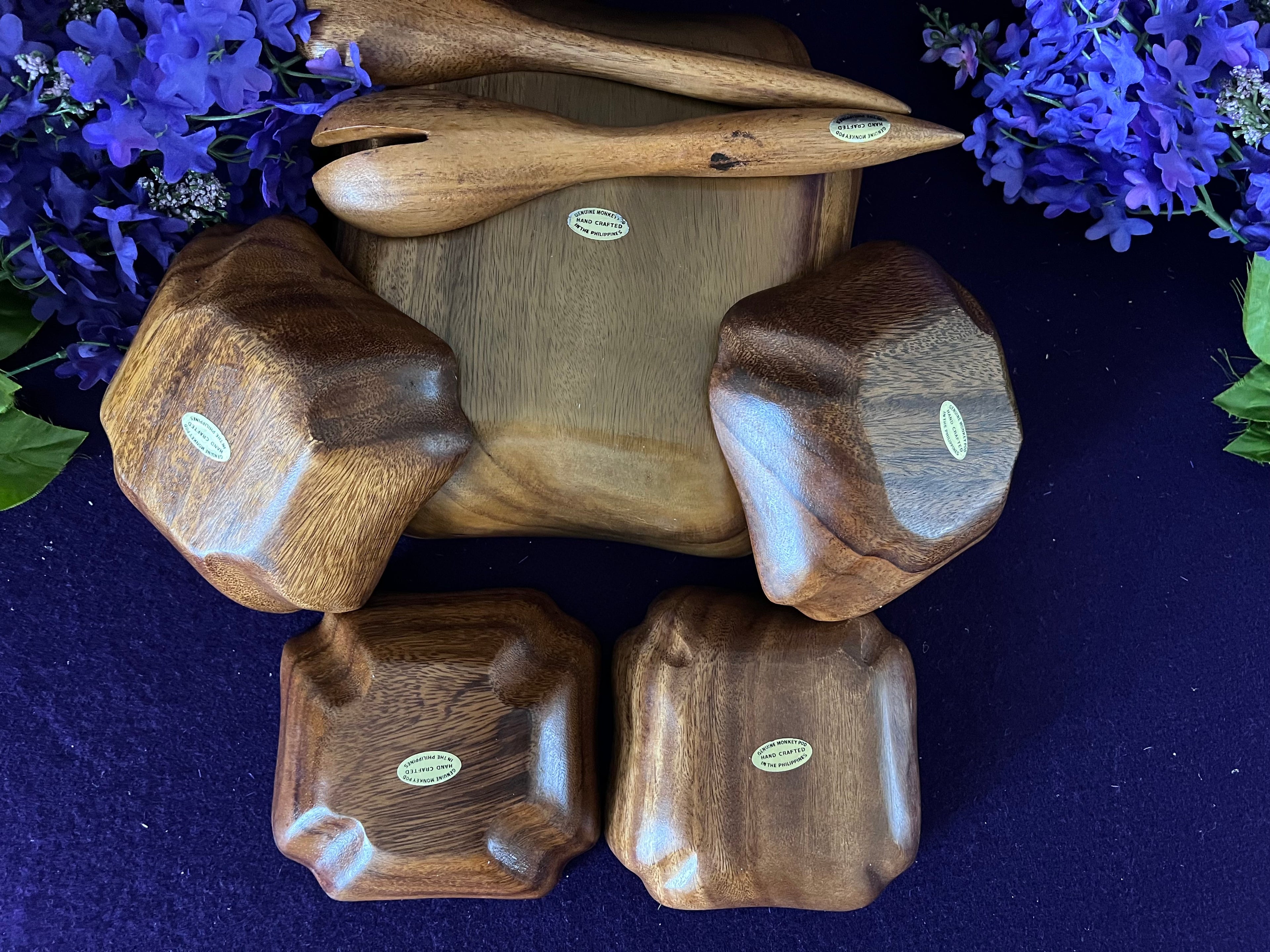 Vintage Monkey Pod Wood Salad Serving Set, 7-Piece | Hand-Crafted Philippines