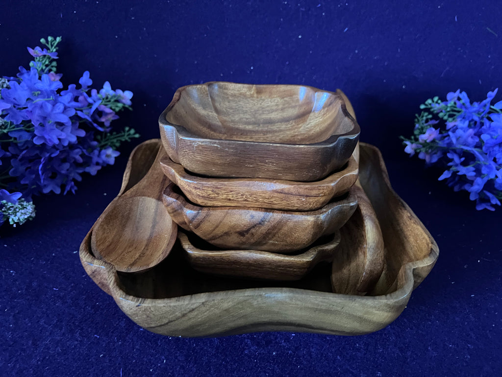 Vintage Monkey Pod Wood Salad Serving Set, 7-Piece | Hand-Crafted Philippines