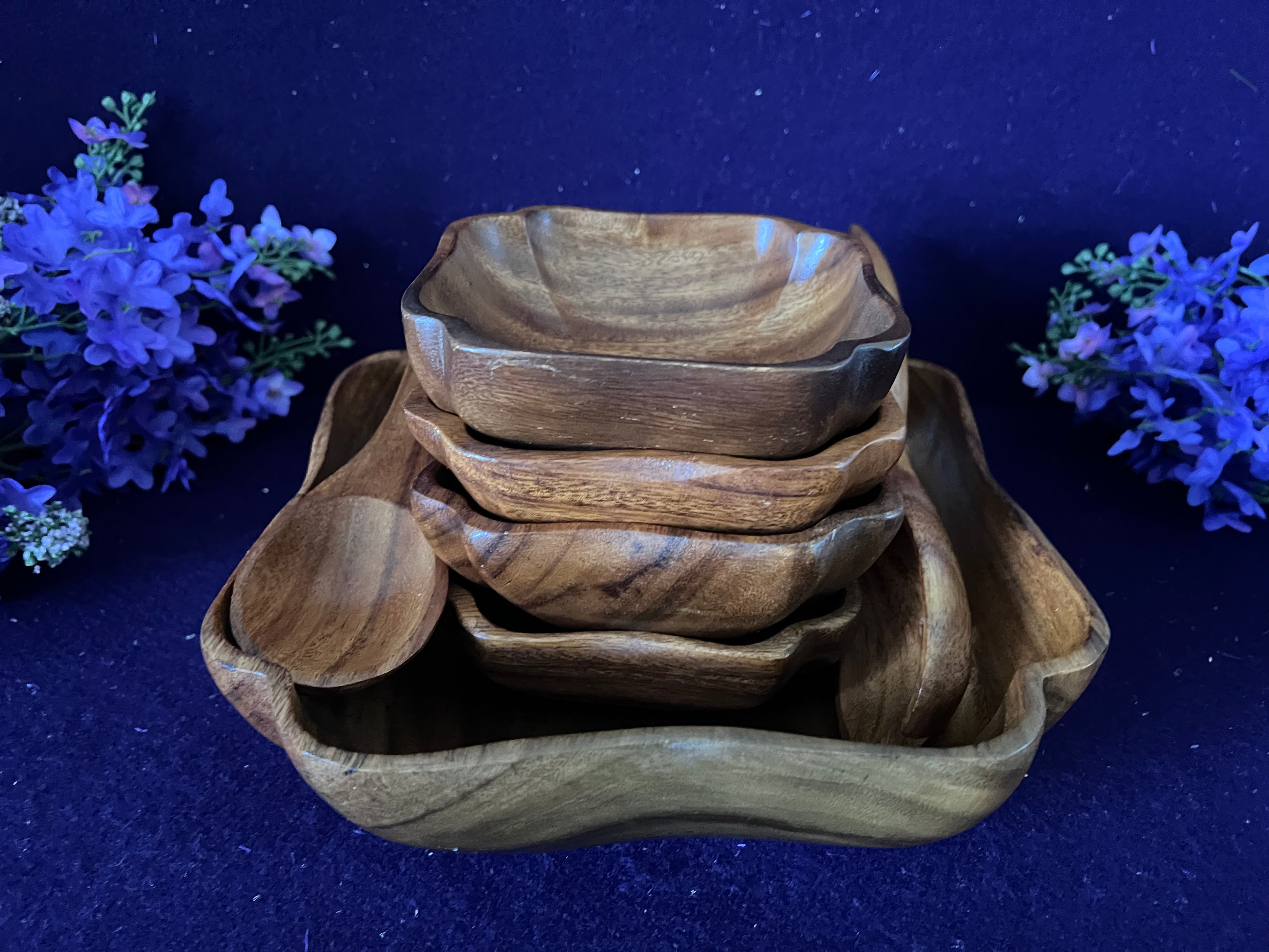 Vintage Monkey Pod Wood Salad Serving Set, 7-Piece | Hand-Crafted Philippines
