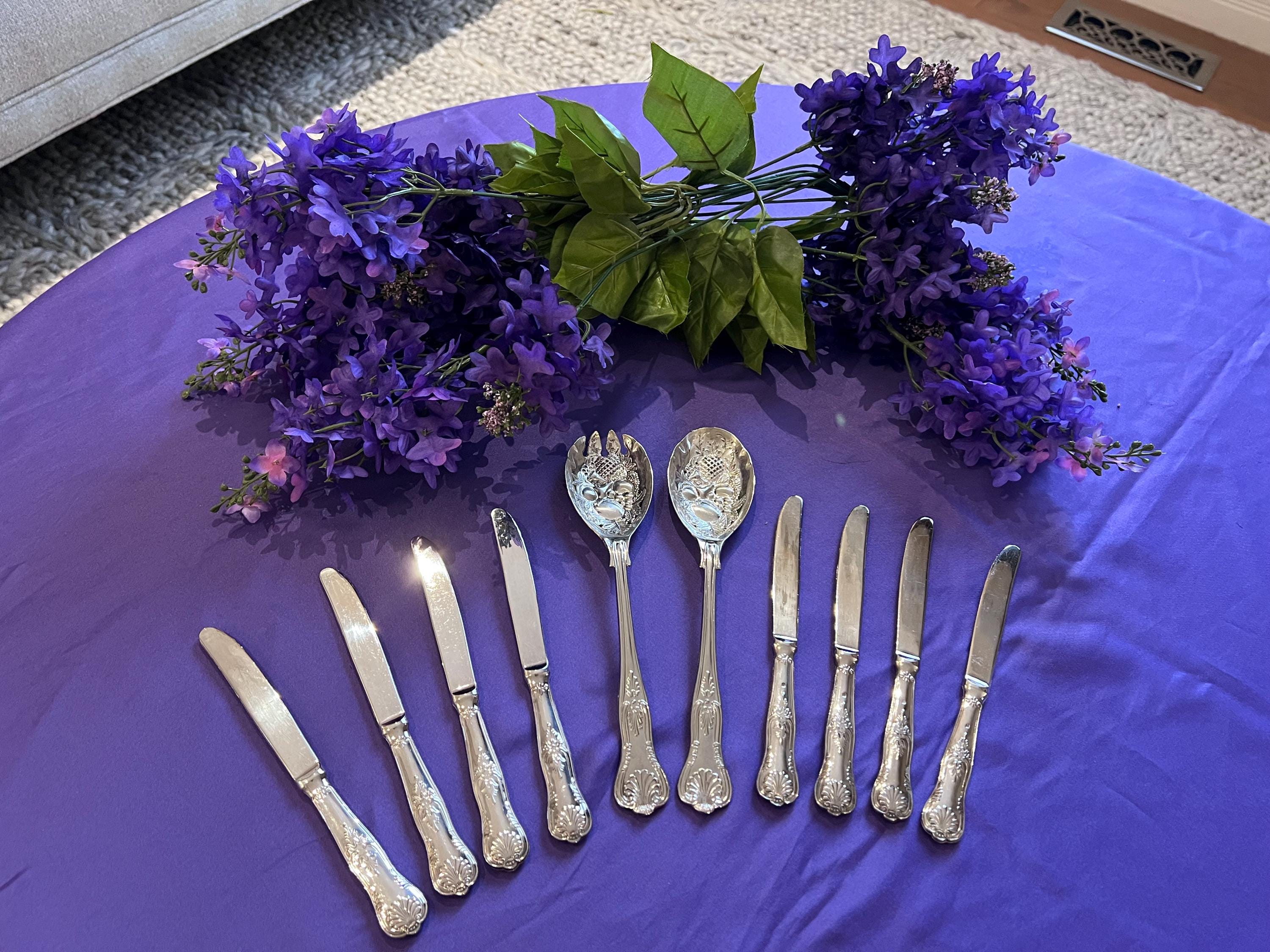 Italian 800 Silver Salad Serving Set & Matching silver plate Knives | Vintage Repoussé Pineapple Fruit Motif