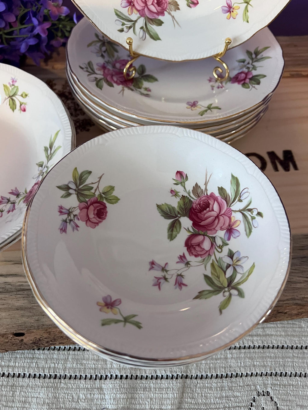 Vintage Ridgway Summer Glory Ironstone Set – Pink Cabbage Rose & Bluebells – Made in Staffordshire England – 22kt Gold Trim