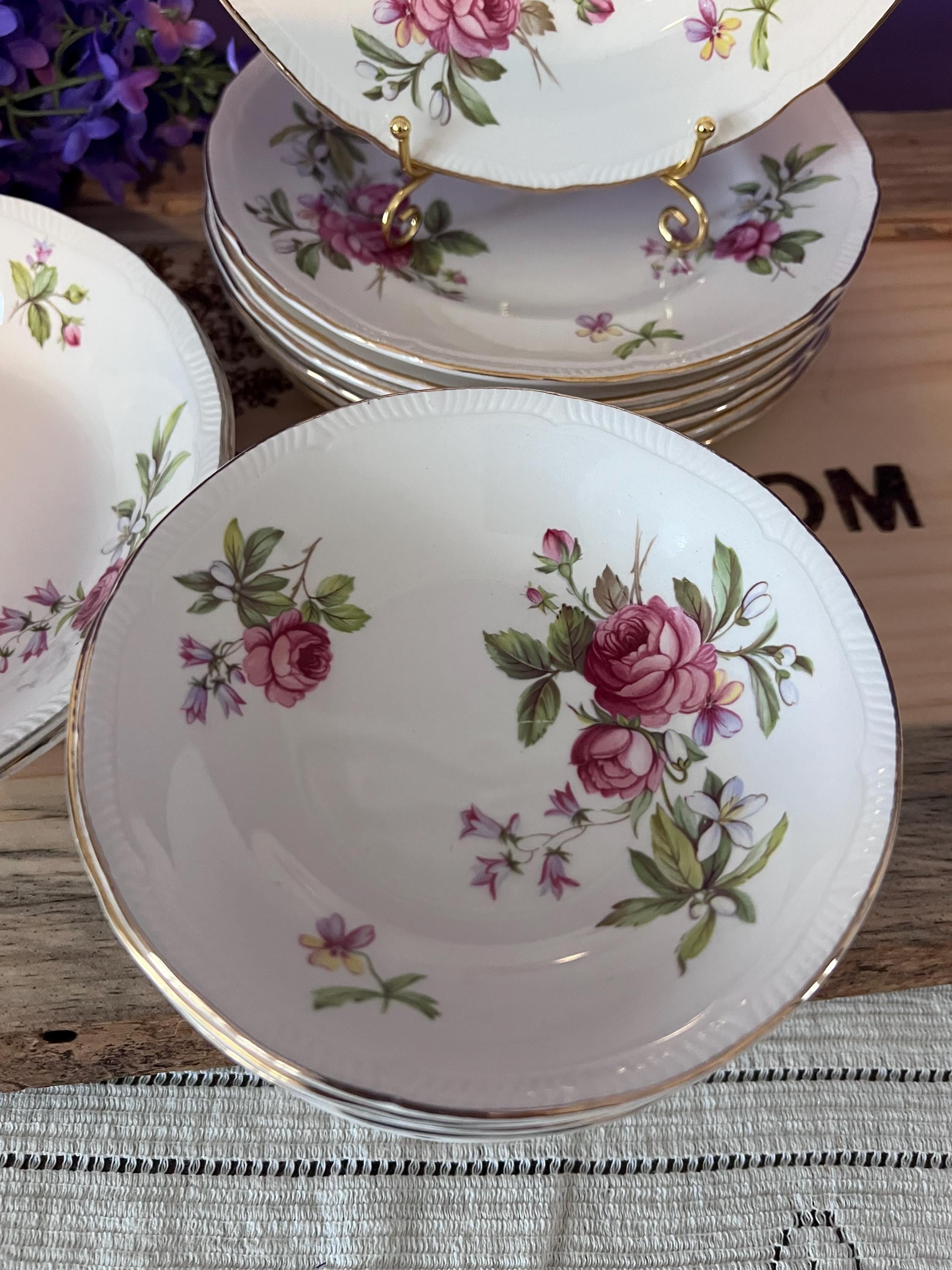 Vintage Ridgway Summer Glory Ironstone Set – Pink Cabbage Rose & Bluebells – Made in Staffordshire England – 22kt Gold Trim